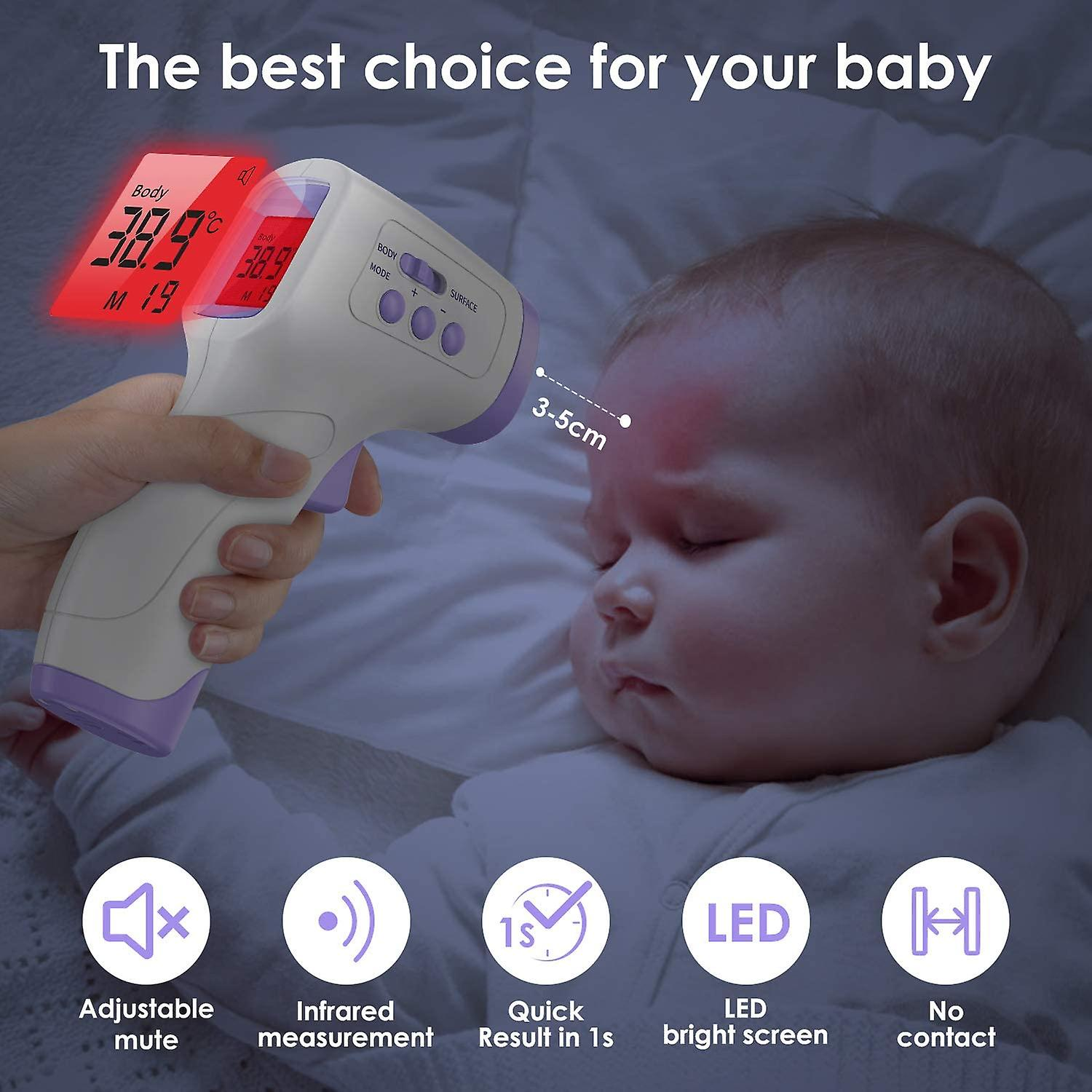 Einem Baby wird mit einem kontaktlosen Thermometer die Temperatur gemessen. Der Wert beträgt 38,9 Grad Celsius. Symbole zeigen Funktionen.