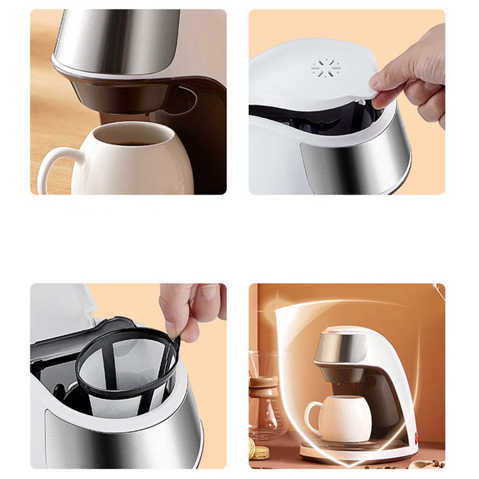 Kaffeemaschine in verschiedenen Anwendungsphasen. Eine Hand öffnet den Deckel, eine Tasse steht unter dem Auslauf.