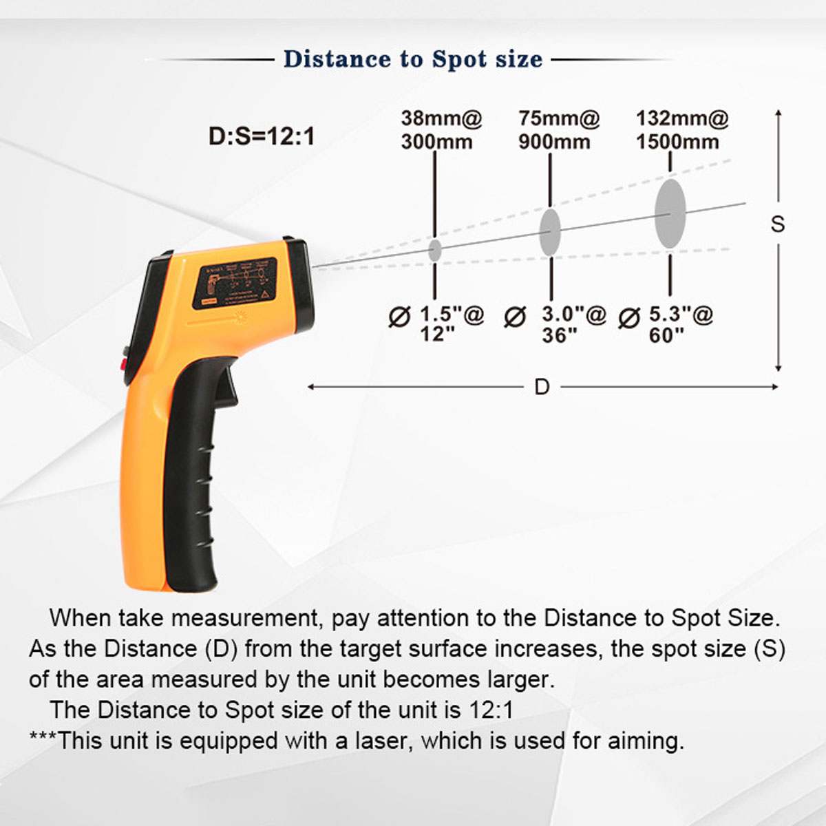 Diagramm, das den Abstand zur Punktgröße mit einem Infrarotthermometer zeigt. Enthält Messungen und Texterklärungen.
