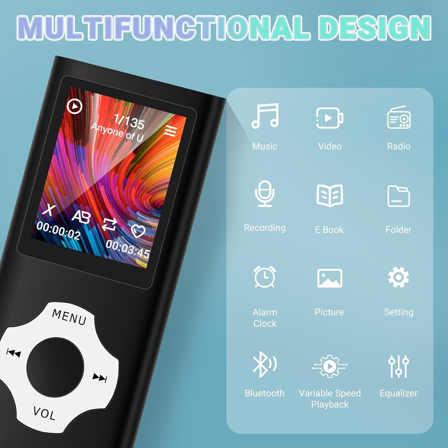 Ein schwarzer MP3-Player mit Bildschirm, der ein Lied anzeigt. Symbole für Musik, Video und Einstellungen sind sichtbar. Der Hintergrund ist hellblau.