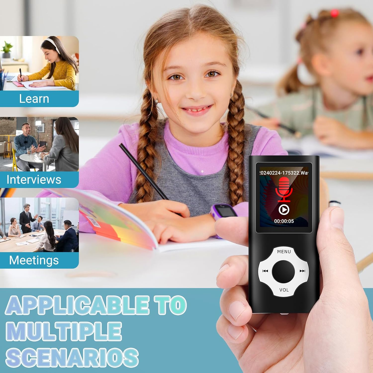 Ein lächelndes Mädchen hält einen schwarzen MP3-Player. Szenen für Lernen, Interviews und Meetings sind zu sehen. Text: Anwendbar auf mehrere Szenarien.