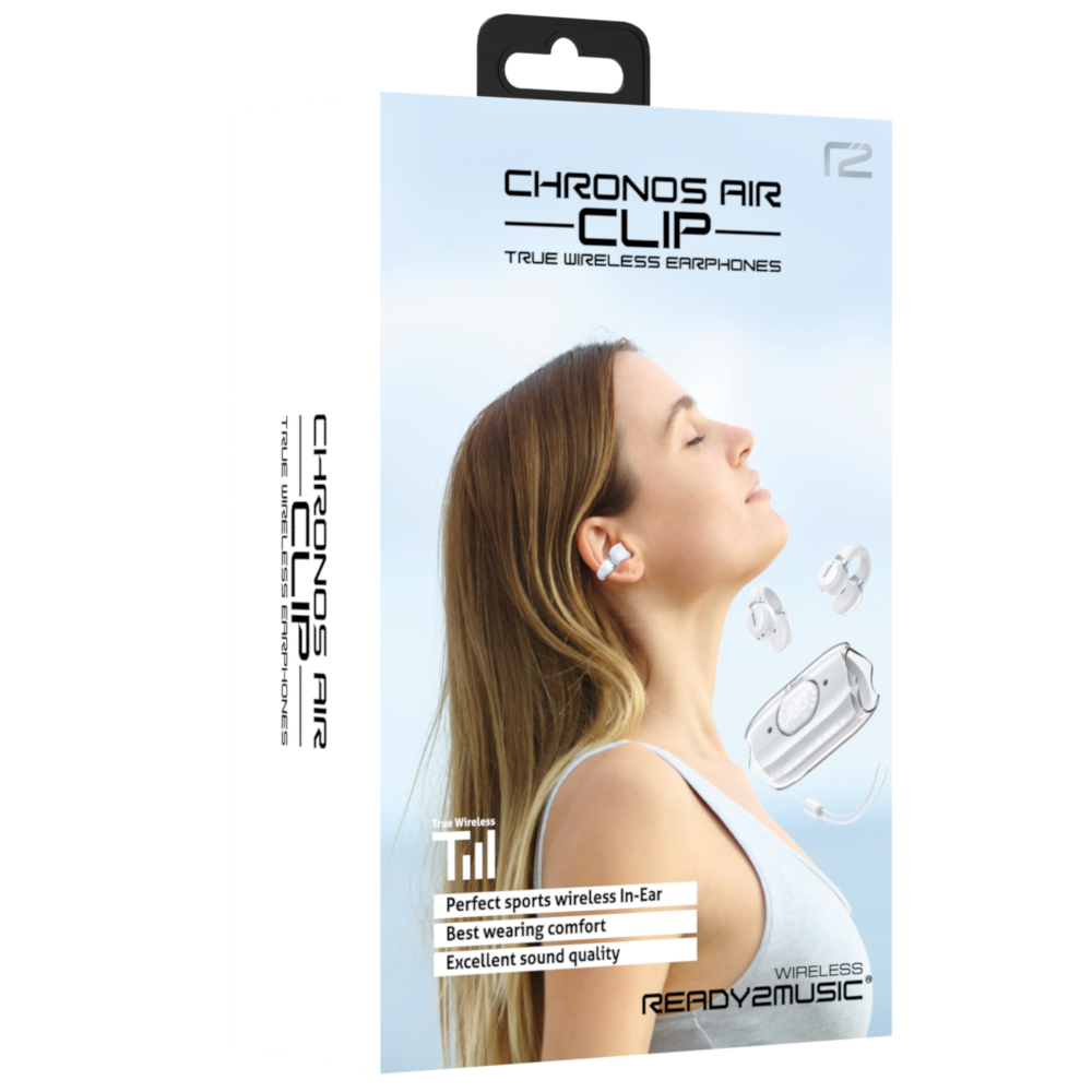 Schachtel mit Ohrhörern, eine Frau, die sie trägt, und zusätzliche Produktbilder. Text: 'CHRONOS AIR CLIP' und Produkteigenschaften.