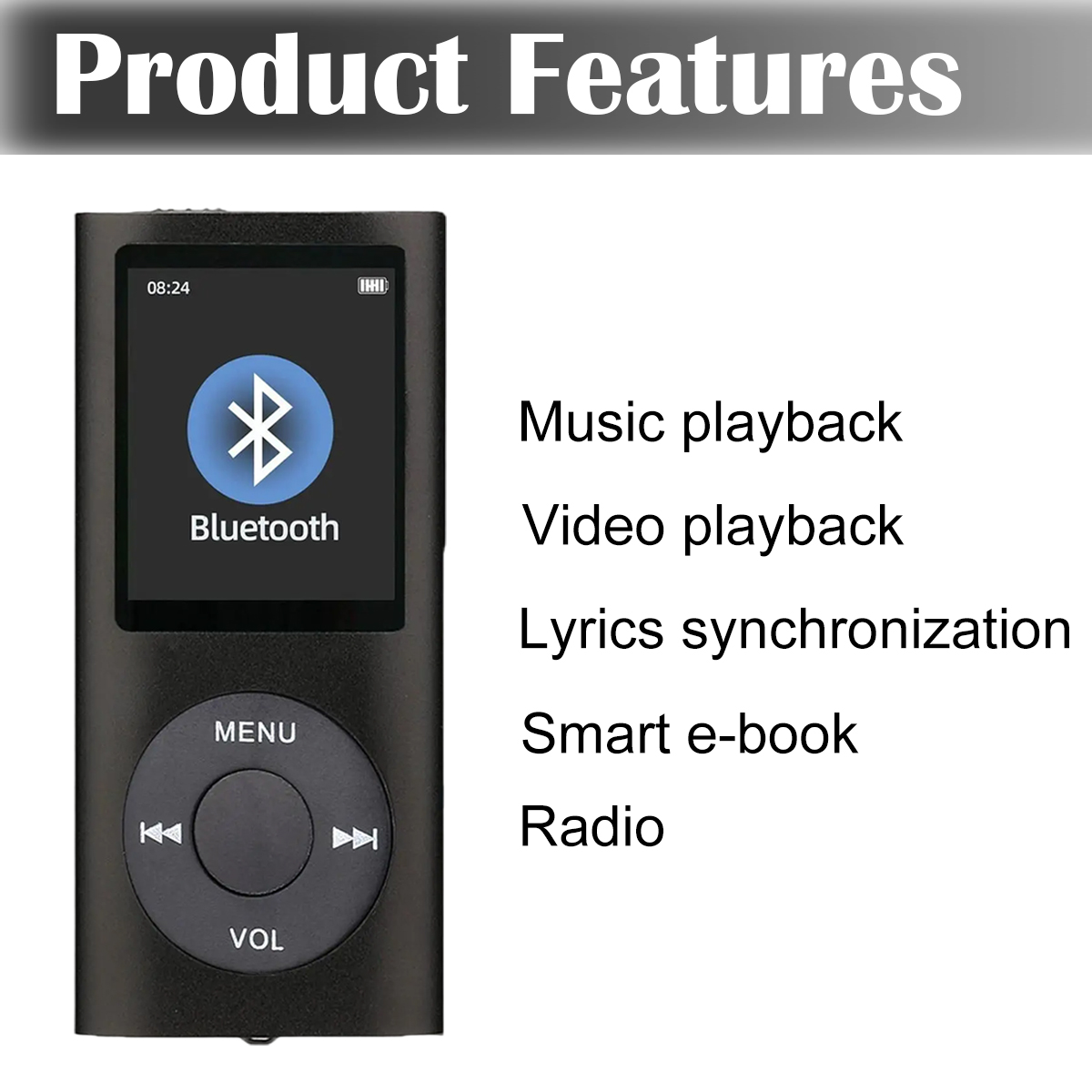 Schwarzer MP3-Player mit Bildschirm, der ein Bluetooth-Symbol zeigt, und Text auf weißem Hintergrund: Musik, Video, Texte, E-Book und Radio.