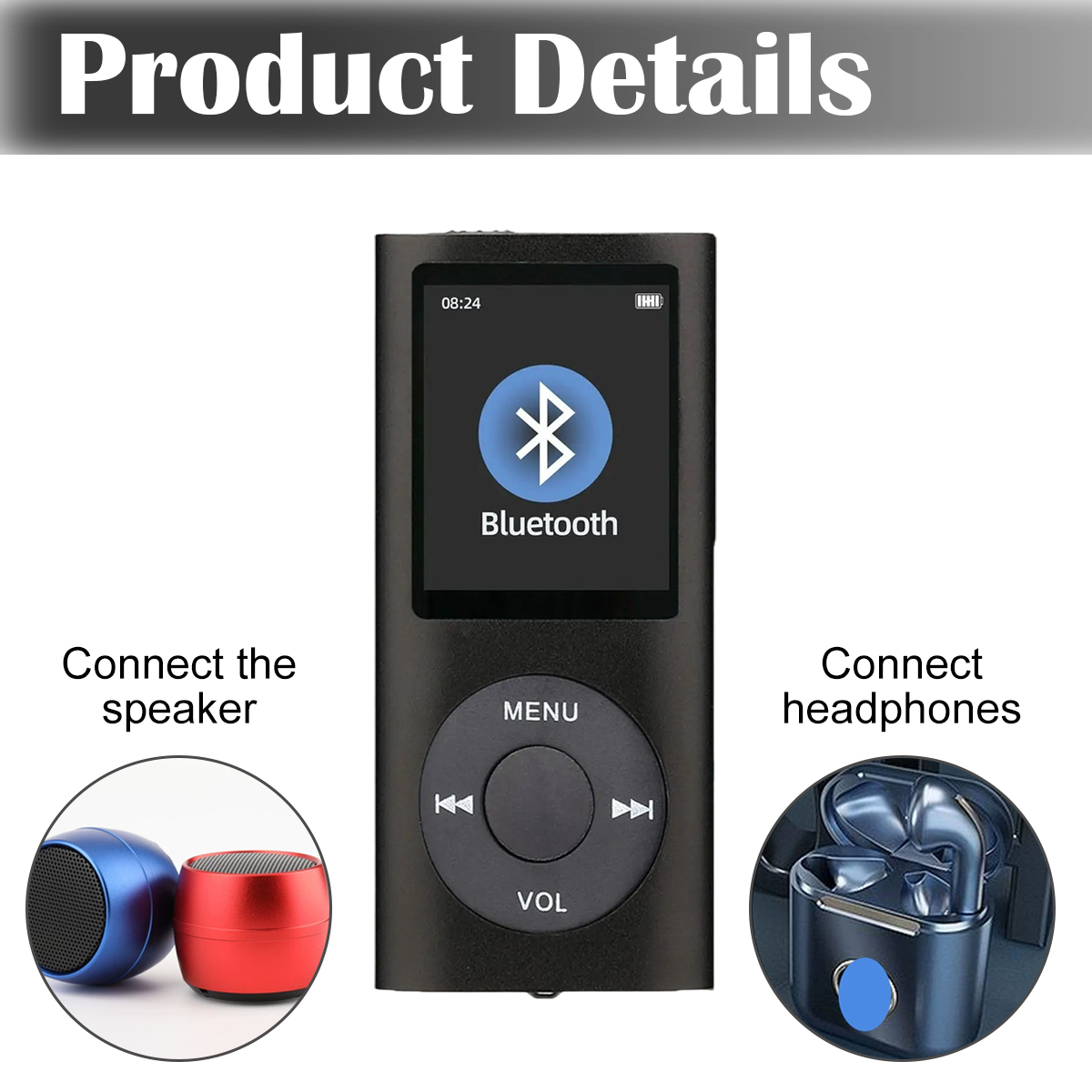 Ein schwarzer MP3-Player mit Bluetooth-Symbol auf dem Bildschirm. Es gibt Bilder von Lautsprechern und Kopfhörern zum Anschließen.
