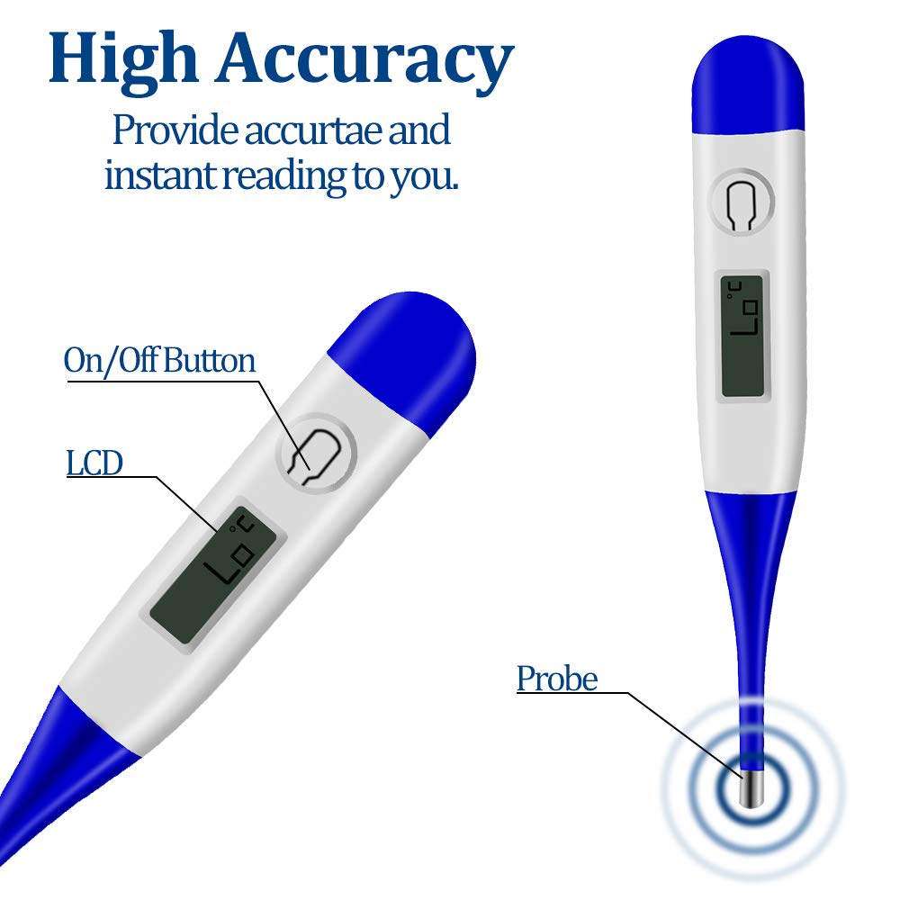 Zwei digitale Thermometer werden angezeigt. Eines ist angewinkelt und zeigt das LCD und die Ein-/Aus-Taste.