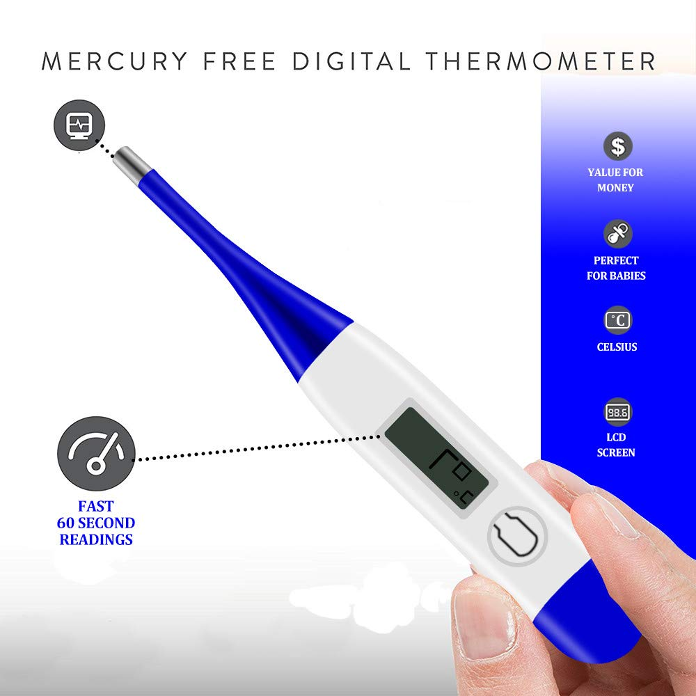 Ein digitales Thermometer mit blau-weißem Design, das 98,6 Grad Celsius anzeigt. Merkmale: schnelle Messung, quecksilberfrei.