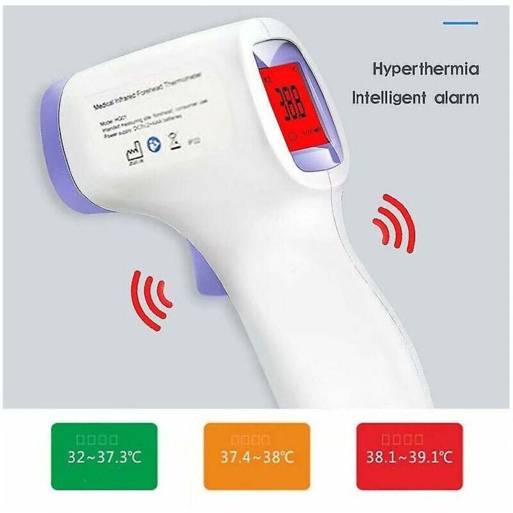 Ein weißes und lila Infrarot-Stirnthermometer zeigt eine Temperatur von 38,8 Grad Celsius an, mit einem Hyperthermie-Alarm.