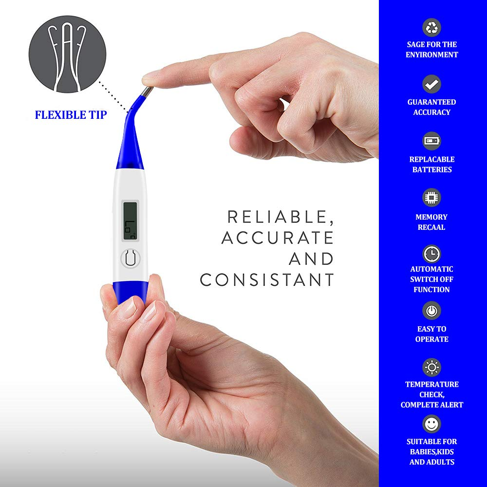 Eine Hand hält ein blau-weißes digitales Thermometer. Text auf der Seite hebt Funktionen wie Genauigkeit und Eignung für Babys hervor.