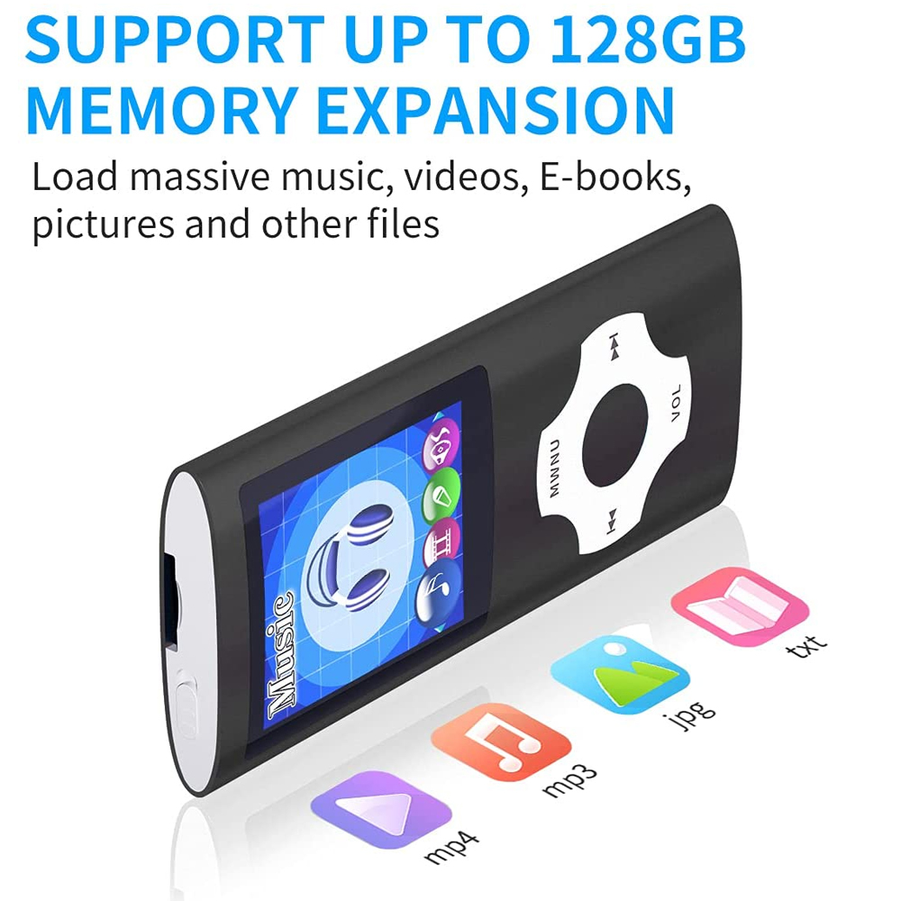 Ein schwarzer MP3-Player mit einem Bildschirm, der Symbole anzeigt. Symbole für MP4-, MP3-, JPG- und TXT-Dateien werden angezeigt. Text lautet: 
