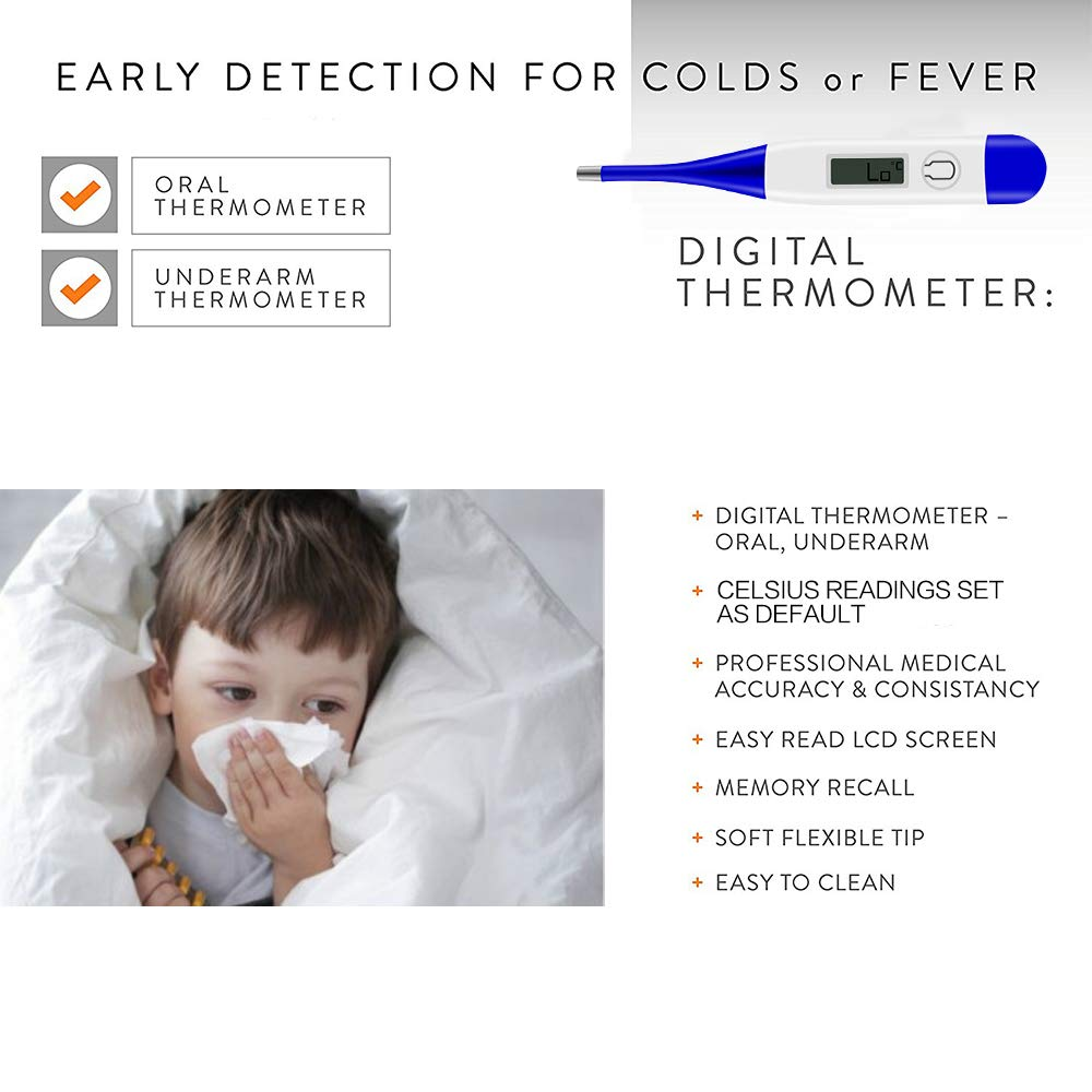 Ein Kind im Bett mit einem Taschentuch, ein digitales Thermometer und Text über die Früherkennung von Erkältungen/Fieber.