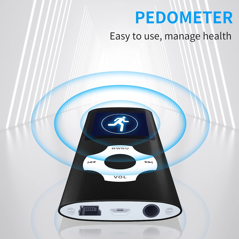 Schwarzer Schrittzähler mit Display, das eine laufende Figur zeigt. Tasten unter dem Bildschirm. Blaue Kreise und Text 'PEDOMETER' und 'Easy to use'.
