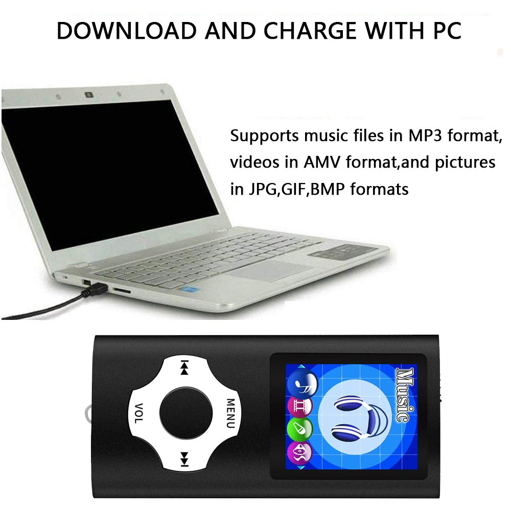 Laptop mit schwarzem MP3-Player verbunden. Der Player hat einen Bildschirm und Steuertasten. Text: Herunterladen und Aufladen mit PC.