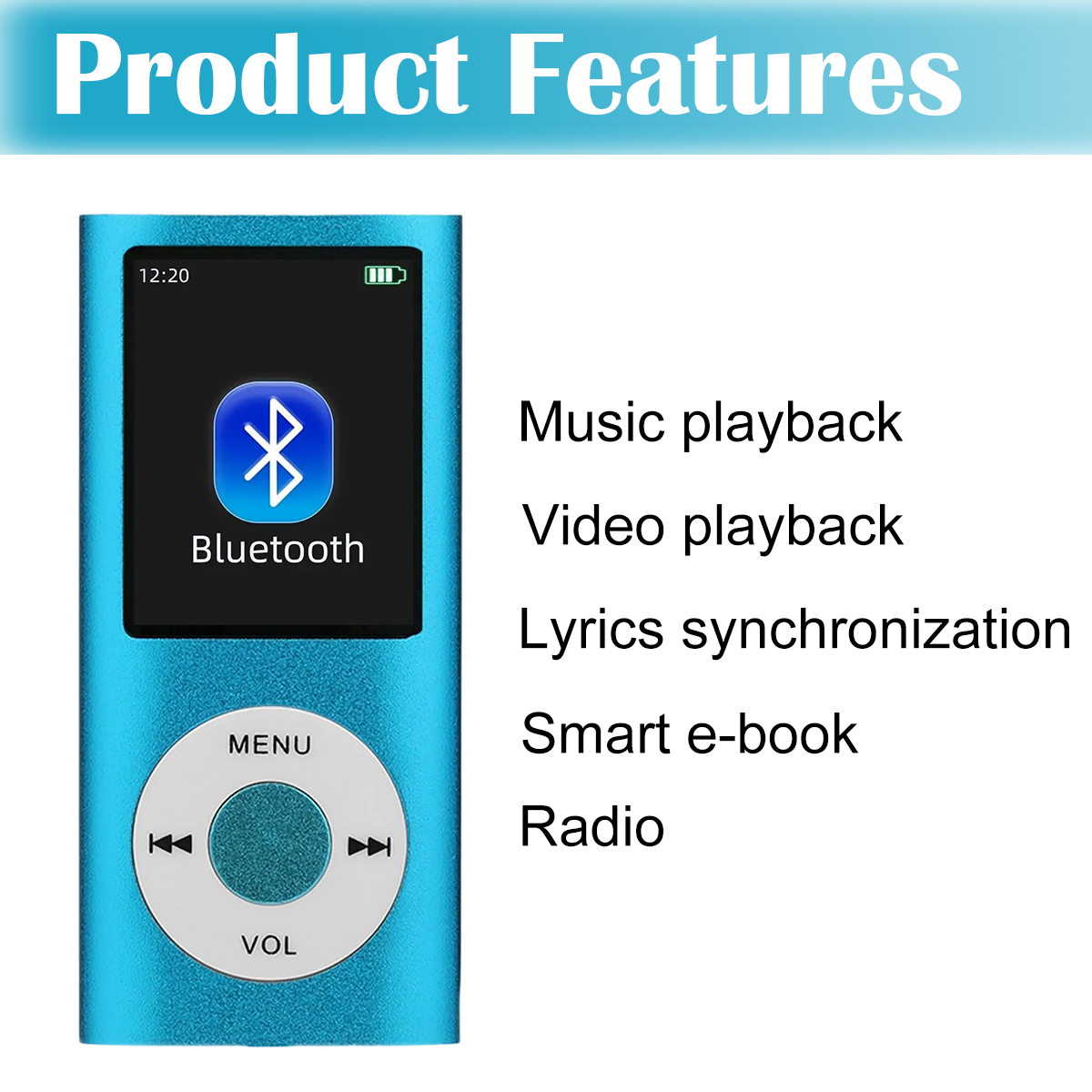 Blauer MP3-Player mit Bluetooth-Anzeige. Text zeigt Funktionen: Musik, Video, Texte, E-Book und Radio-Wiedergabe.