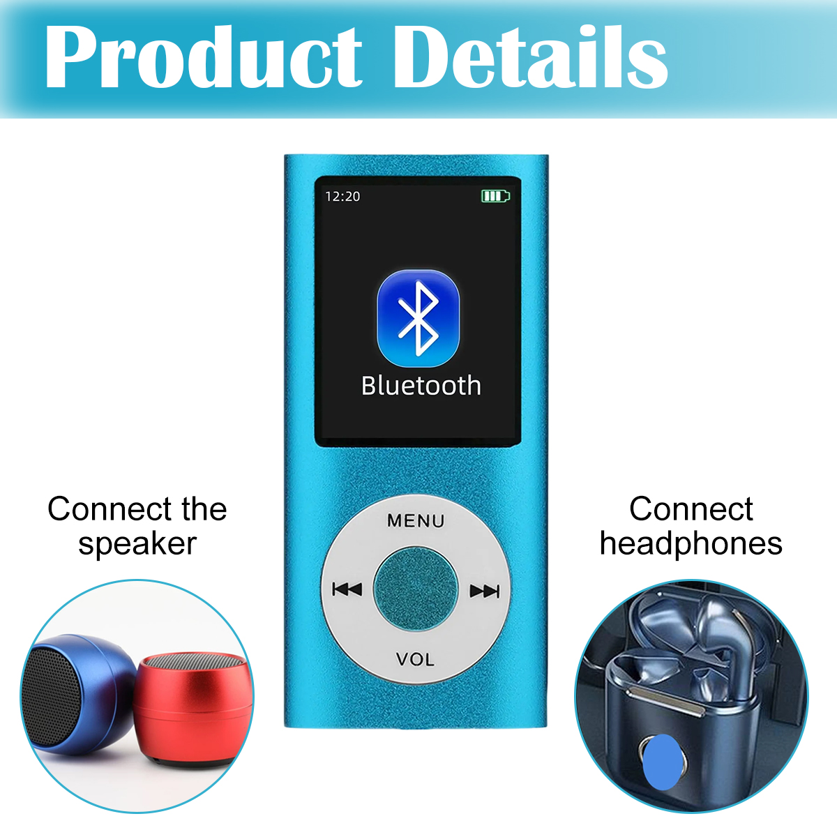 Blauer MP3-Player mit Bluetooth-Anzeige. Lautsprecher und Ohrhörer sind auf beiden Seiten. Text: 'Lautsprecher verbinden' und 'Kopfhörer verbinden'.