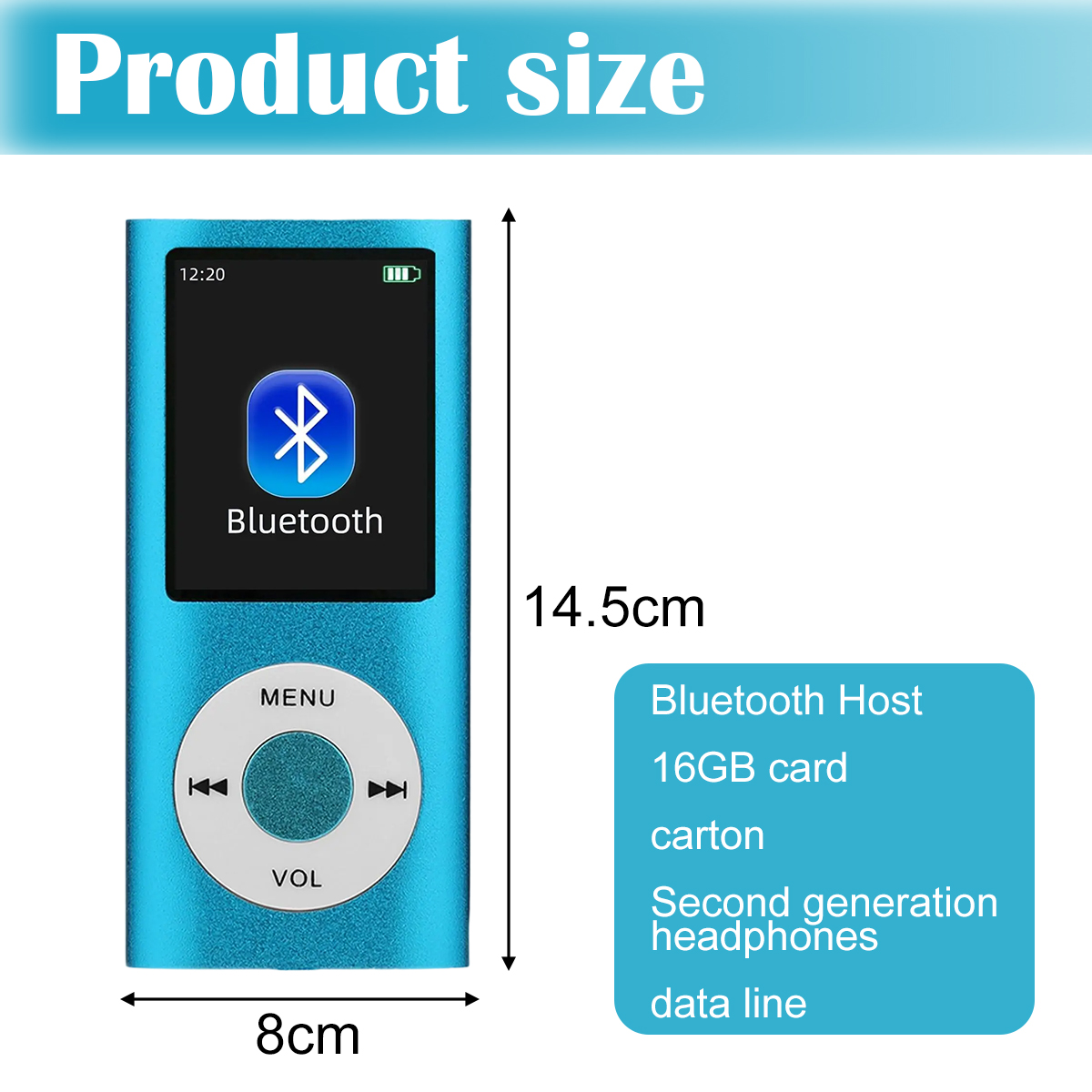Blauer MP3-Player mit Bluetooth-Anzeige. Abmessungen: 8cm x 14,5cm. Text enthält Bluetooth Host, 16GB Karte, Karton, Kopfhörer, Datenleitung.