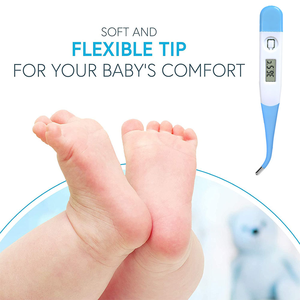 Babyfüße mit Thermometer. Text: Weiche und flexible Spitze für den Komfort Ihres Babys. Thermometer zeigt 36,5 C.