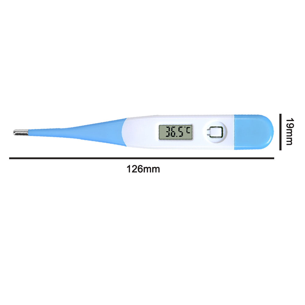 Ein blau-weißes digitales Thermometer zeigt 36,5°C an. Maße: 126 mm lang, 19 mm breit.