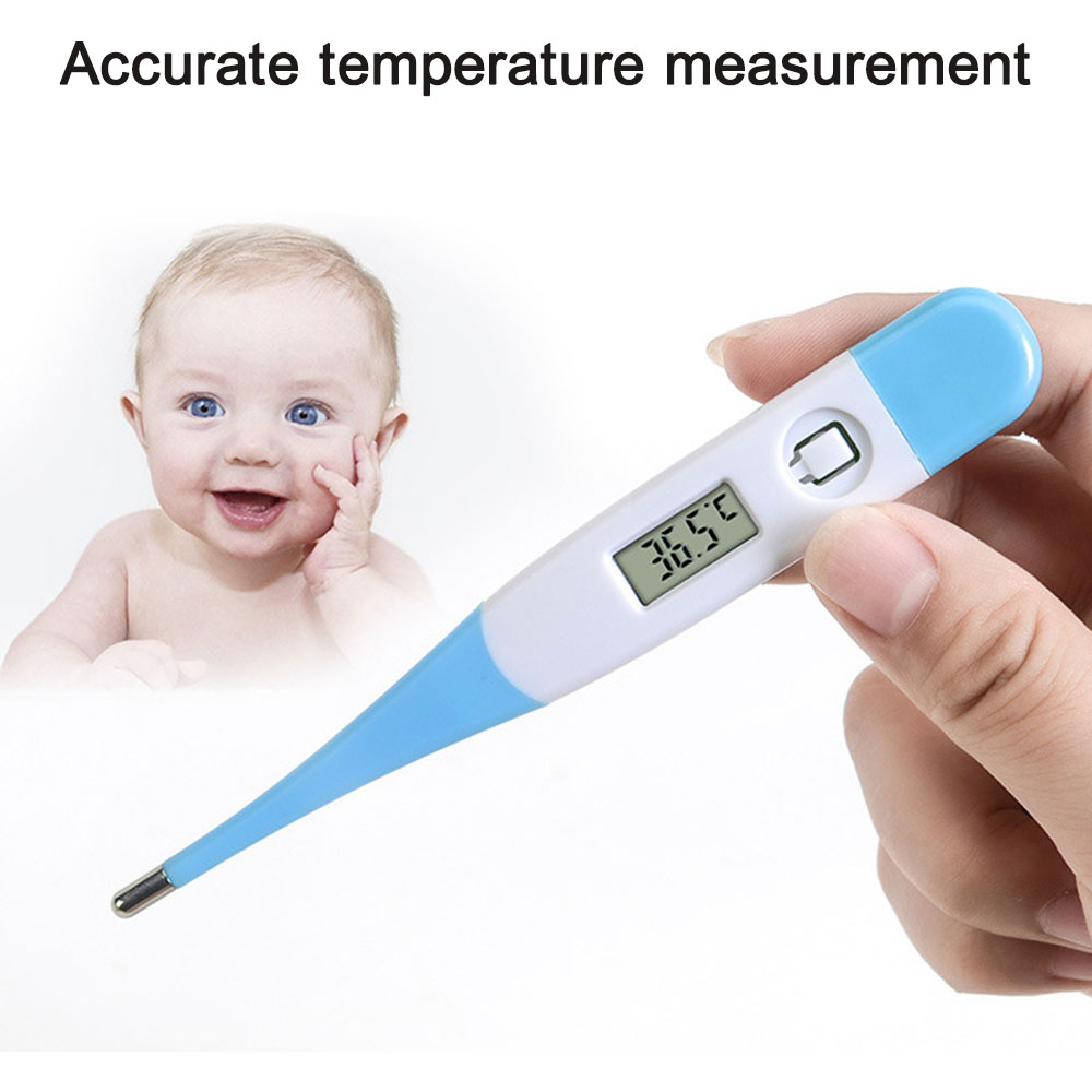 Eine Hand hält ein Thermometer mit 36,5°C. Im Hintergrund ein lächelndes Baby. Der Text 'Genaue Temperaturmessung' steht oben.
