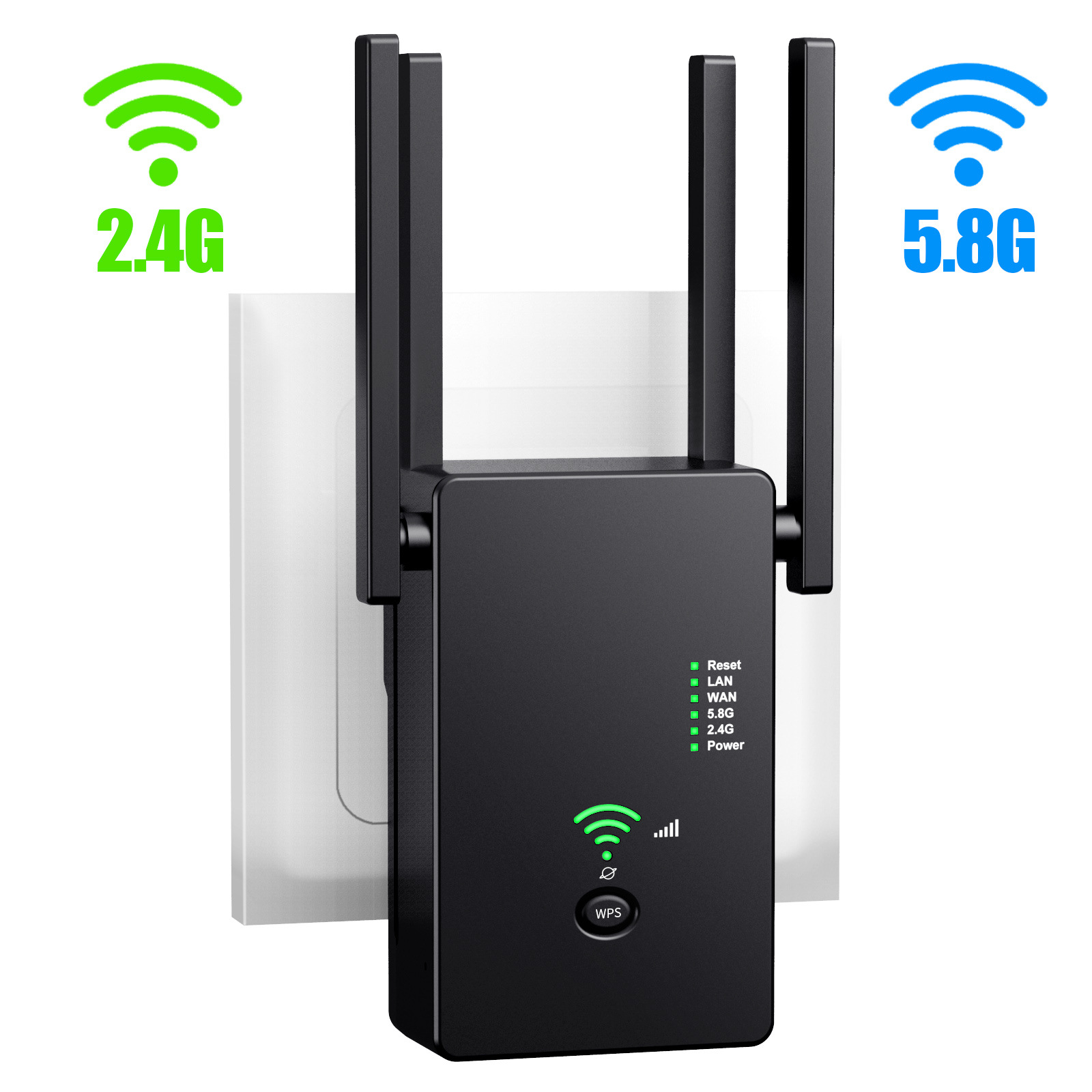 Schwarzer WLAN-Extender mit Antennen, der in eine Steckdose gesteckt ist und 2,4G- und 5,8G-Frequenzen anzeigt.