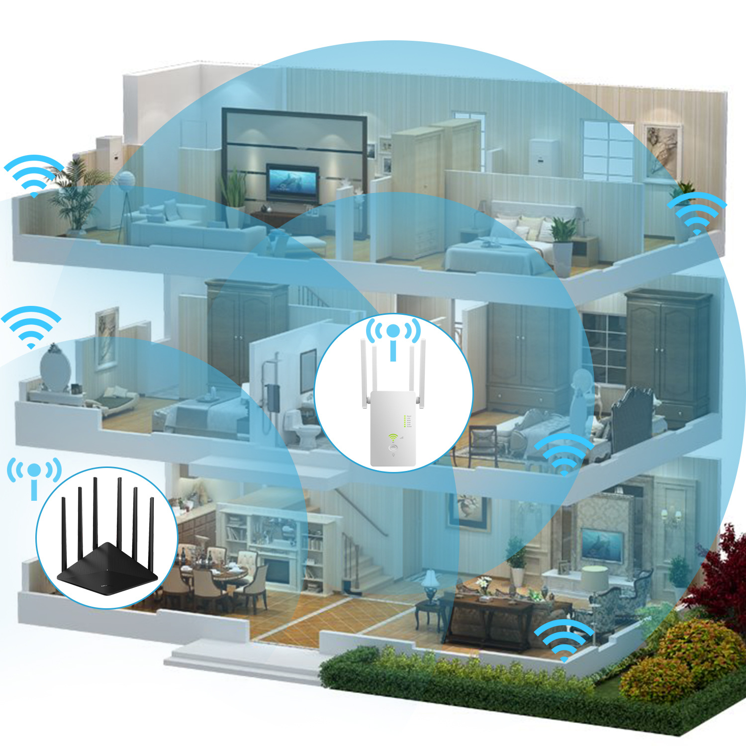 Diagramm eines Hauses mit WLAN-Signalen. Router und Extender sind abgebildet. Räume sind mit Möbeln sichtbar. Blaue Wellen zeigen das Signal.