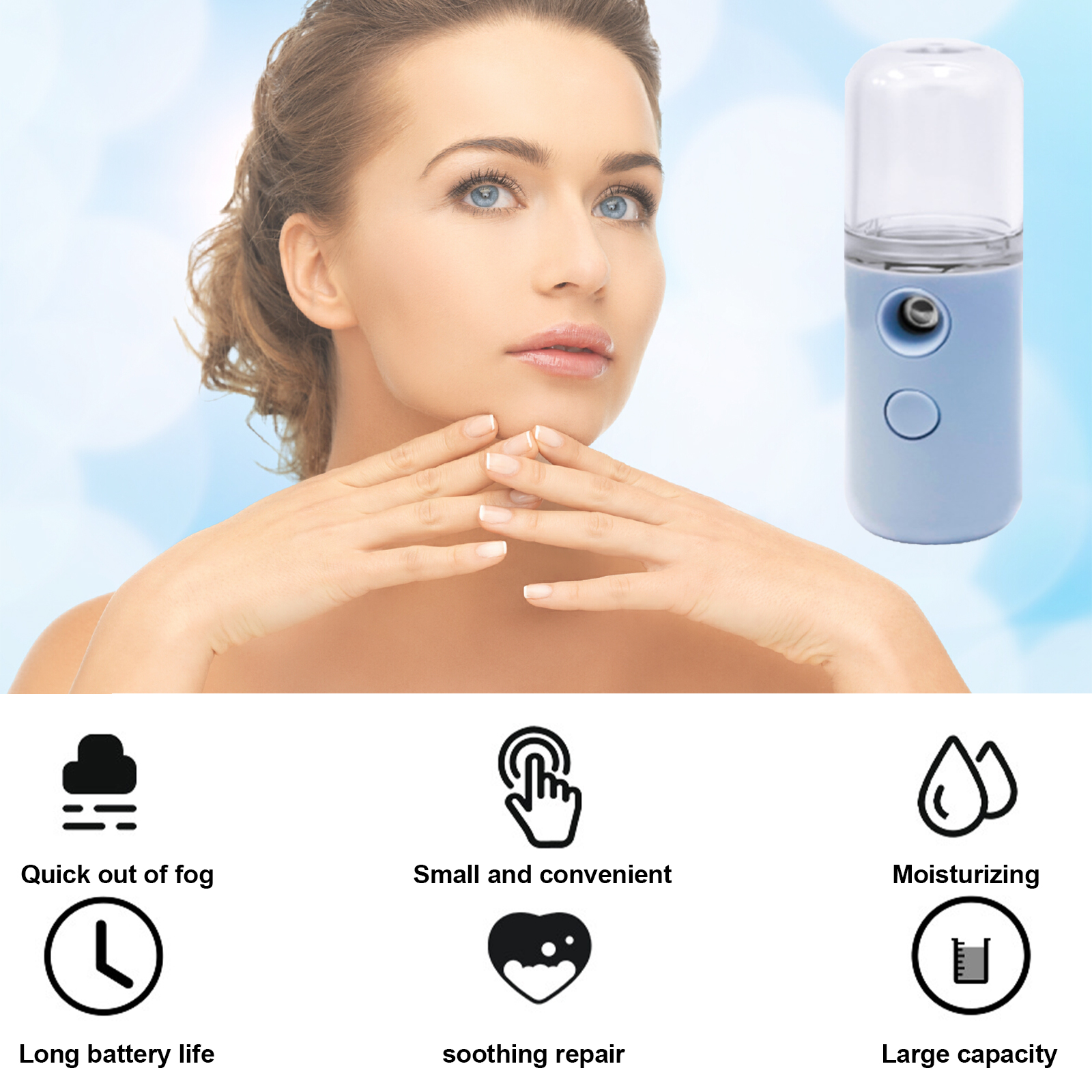Eine Frau mit blauen Augen hält ihre Hände in der Nähe ihres Gesichts. Rechts befindet sich ein blauer Gesichtsnebler.