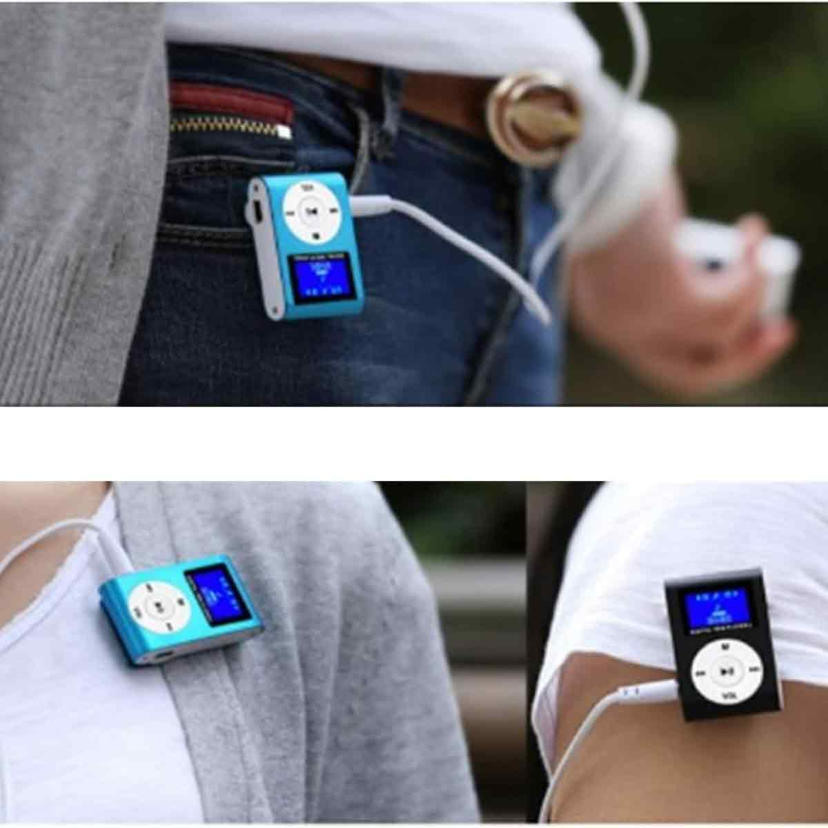 Drei Bilder zeigen MP3-Player. Einer blau an Jeans, ein anderer blau auf einem Hemd und ein schwarzer auf einem Arm.