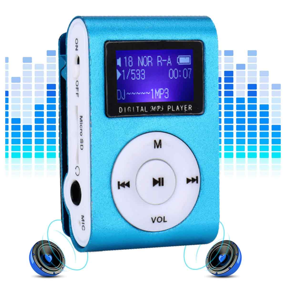 Blauer MP3-Player mit Bildschirm, der Titelinformationen anzeigt. Tasten für Lautstärke und Navigation. Zwei kleine blaue Lautsprecher.