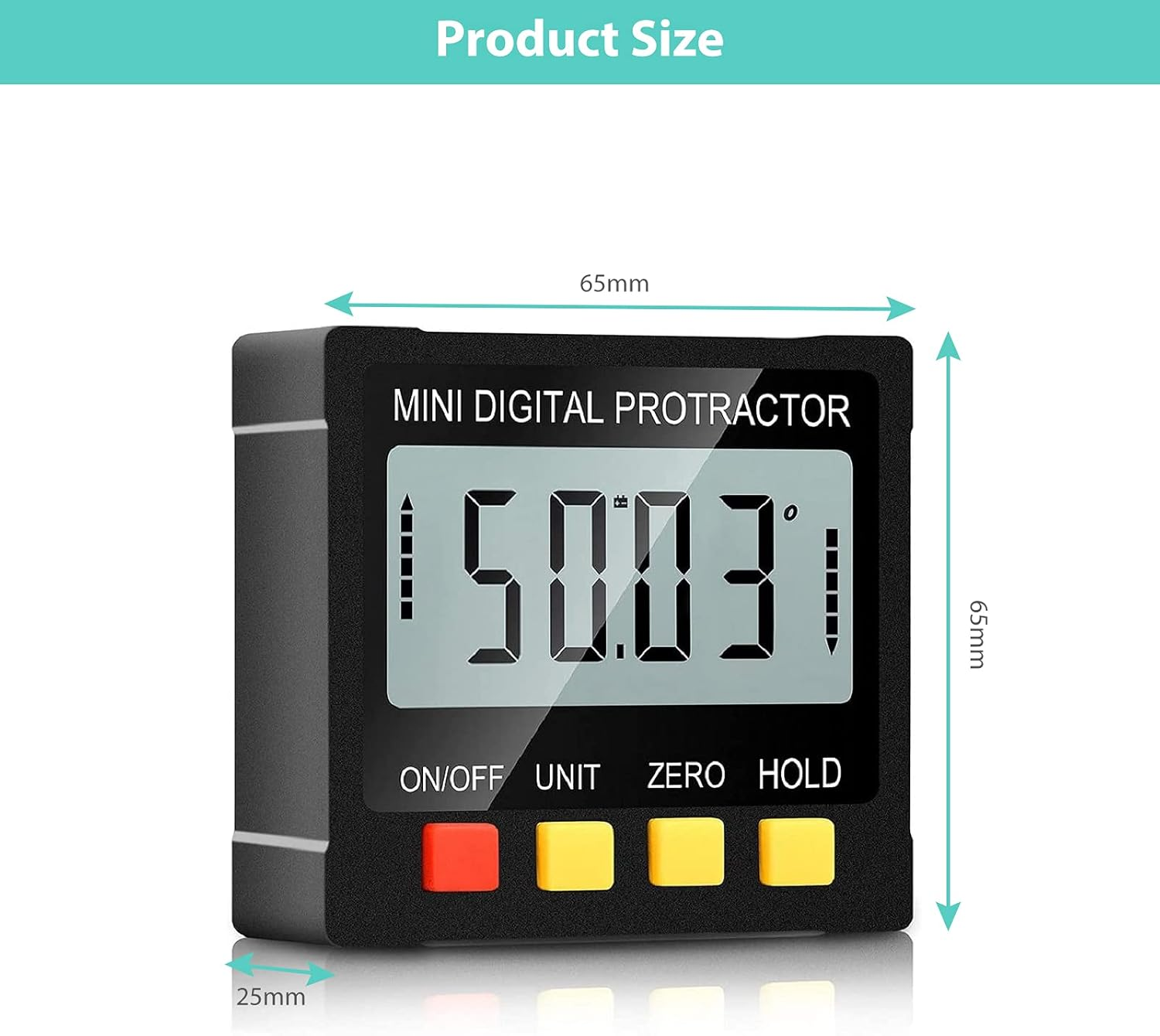 Ein schwarzer Mini-Digital-Protractor, der 50,03 Grad anzeigt. Er hat Tasten und Größenmessungen von 65mm x 65mm x 25mm.