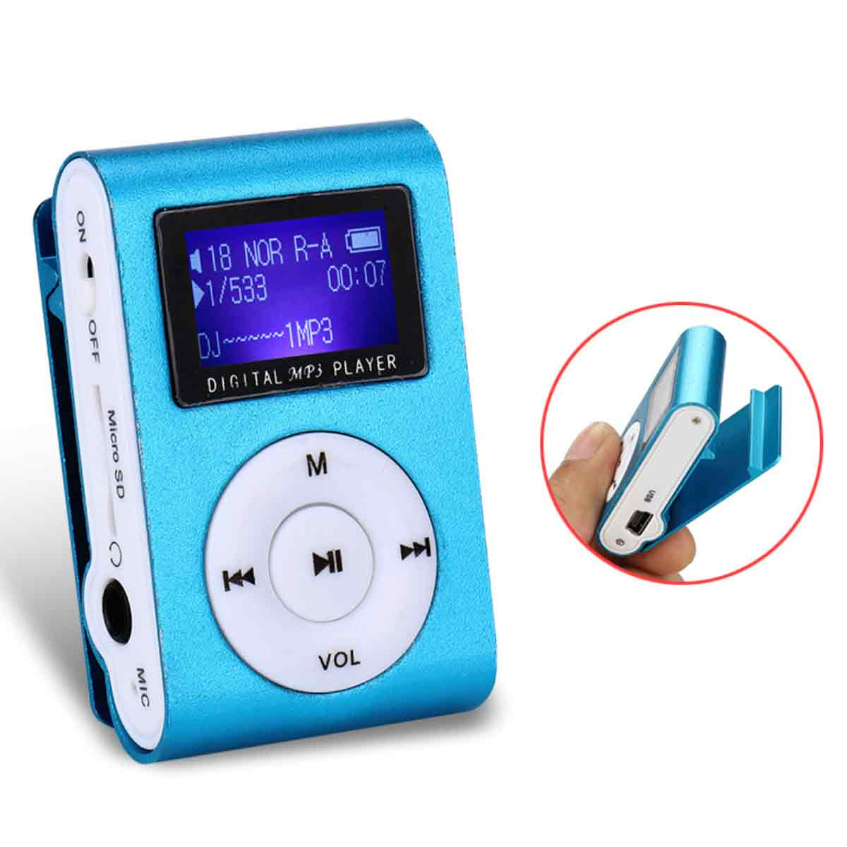 Ein blauer MP3-Player mit Bildschirm, der Titelinformationen anzeigt. Ein kleinerer MP3-Player wird von einer Hand gehalten. Ein roter Kreis dahinter.