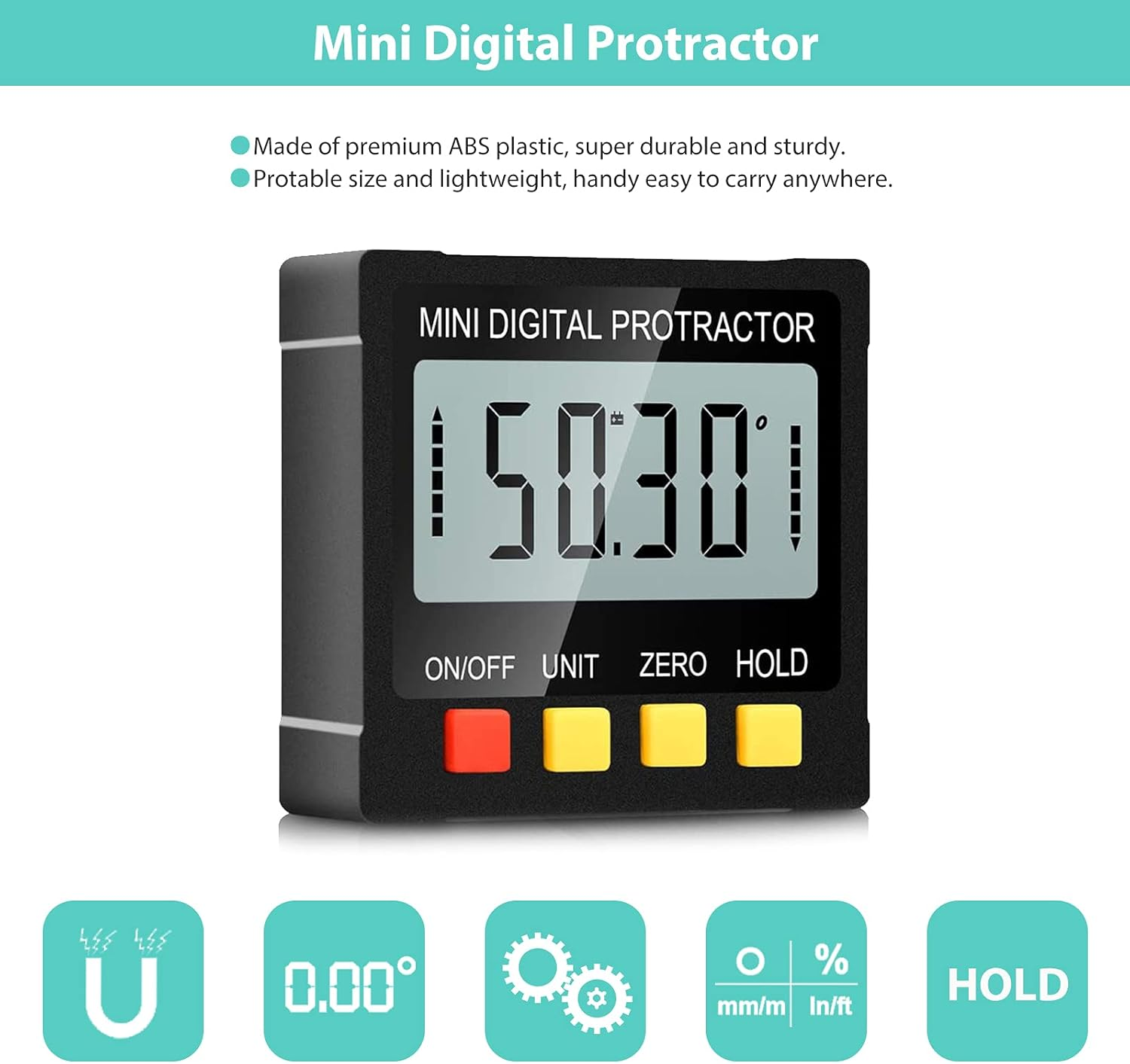 Ein digitales Winkelmessgerät zeigt 50,30 Grad an. Es hat Tasten für Ein/Aus, Einheit, Null und Halten. Symbole für Magnet, 0,00°, Zahnräder und mm/Zoll.