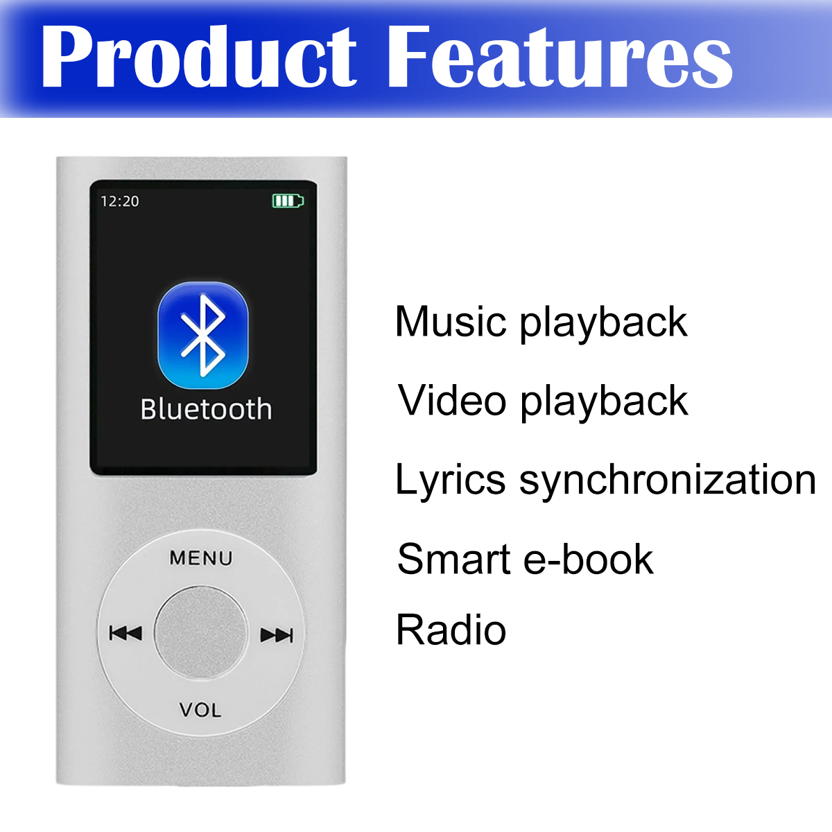 Silberner MP3-Player mit Bluetooth-Logo. Funktionen: Musik, Video, Texte, E-Book und Radio.