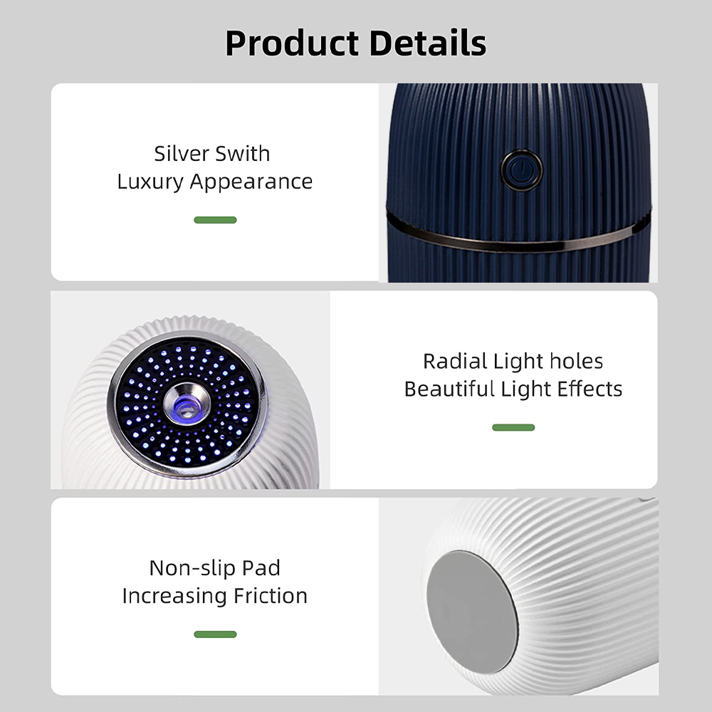 Produktdetails mit Silberschalter, radialen Lichtlöchern und rutschfestem Pad, Darstellung eines blauen und weißen Luftbefeuchters.