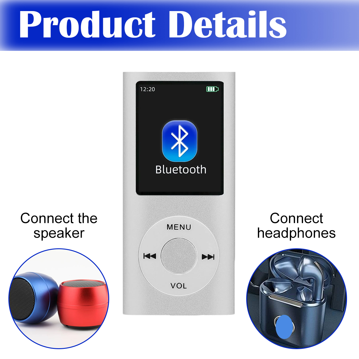 Silberner MP3-Player mit Bluetooth-Symbol. Enthält einen blauen und roten Lautsprecher und schwarze Ohrhörer. Text: 'Produktdetails'.
