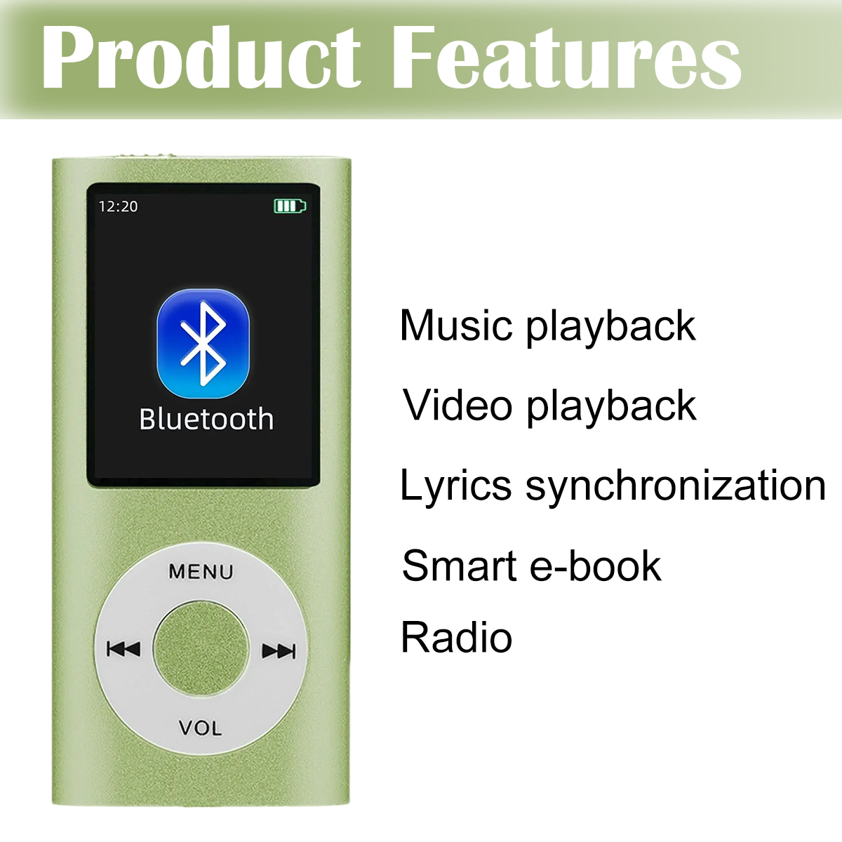 Grüner MP3-Player mit Bluetooth-Logo, Bildschirm zeigt die Uhrzeit. Funktionen: Musik, Videowiedergabe, Texte, E-Book, Radio.