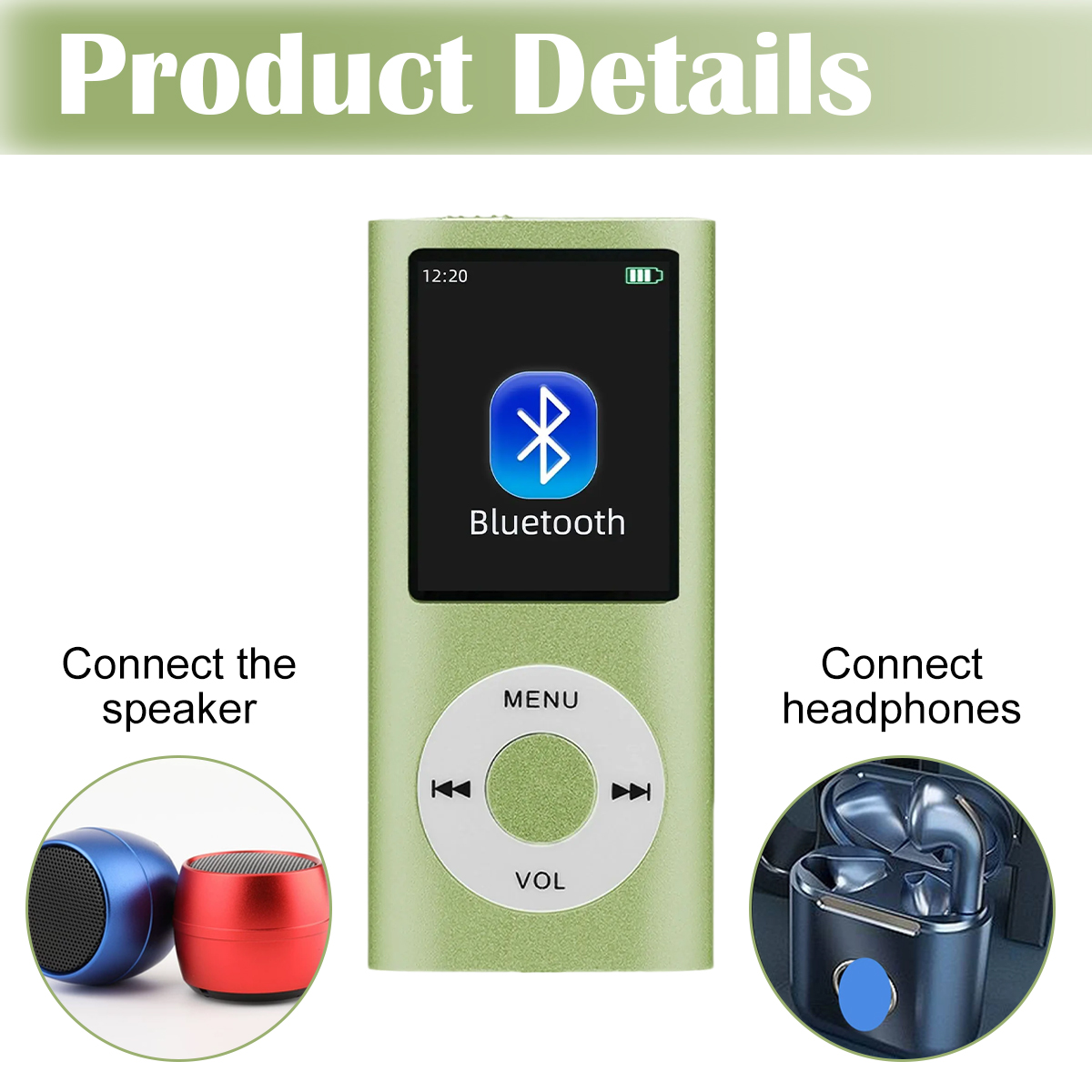 Grüner MP3-Player mit Bluetooth. Enthält einen Lautsprecher, Kopfhörer und Bluetooth-Symbol auf dem Bildschirm, mit Anschlussbezeichnungen.
