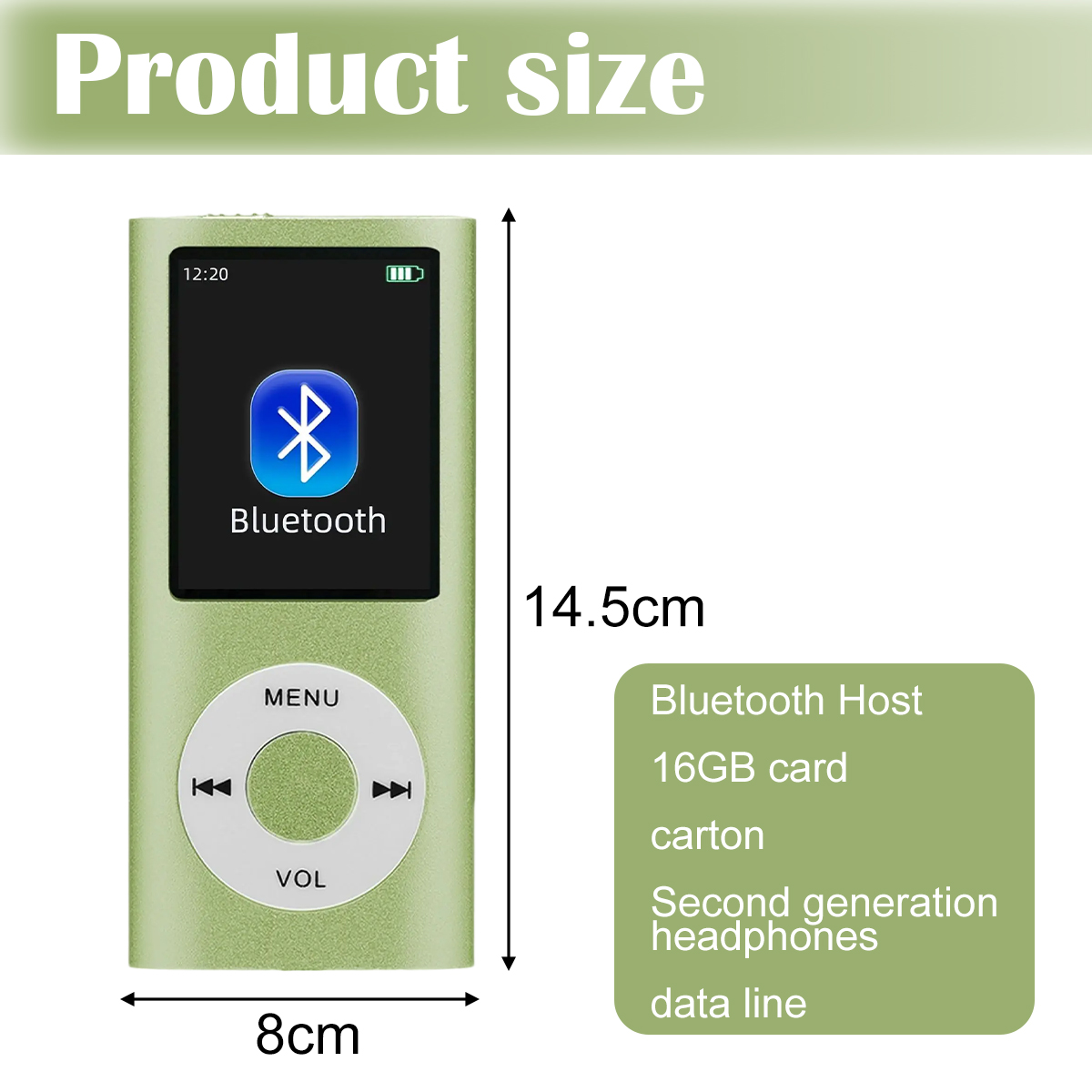 Grüner MP3-Player mit Bluetooth und Bildschirm, Größe 8x14,5cm. Enthält 16GB Karte, Kopfhörer und Datenkabel. Text: Produktgröße.