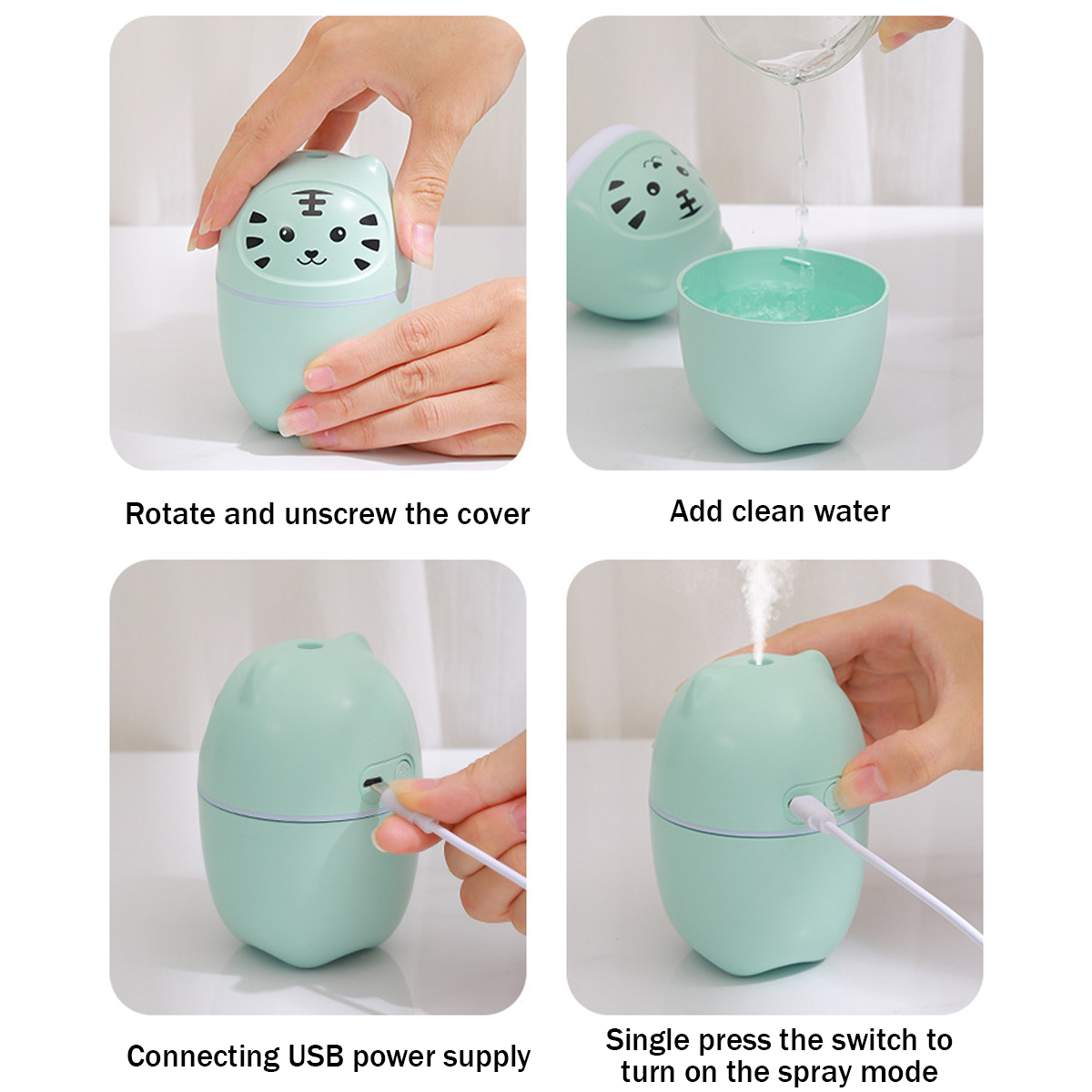 Anleitung für einen grünen Luftbefeuchter. Schritte umfassen Abschrauben, Wasser hinzufügen, USB anschließen und Sprühmodus einschalten.