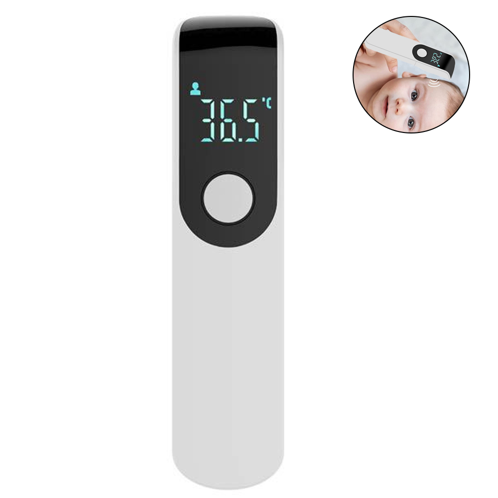 Ein weißes digitales Thermometer zeigt 36,5 °C an. Ein kleiner Einsatz zeigt, wie die Stirn eines Babys mit einem ähnlichen Thermometer gescannt wird.
