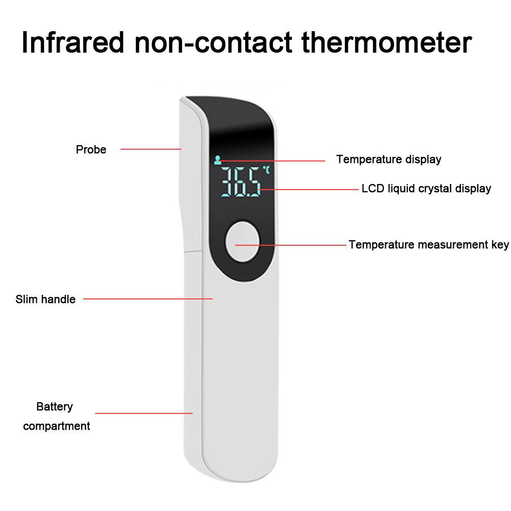 Ein Infrarot-Berührungsthermometer zeigt 36,5 Grad an. Es hat einen schlanken Griff, eine Sonde, ein Display und eine Temperaturmesstaste.