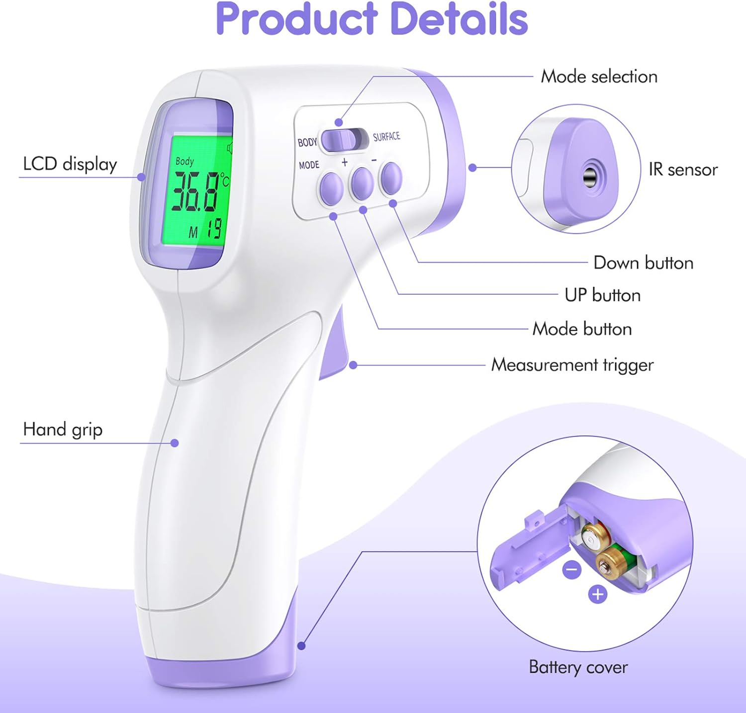 Ein weißes und lila Infrarot-Thermometer. Es hat ein LCD-Display, Modustasten, einen Auslöser und eine Batterieabdeckung. Es zeigt 36,8 Grad Celsius an.