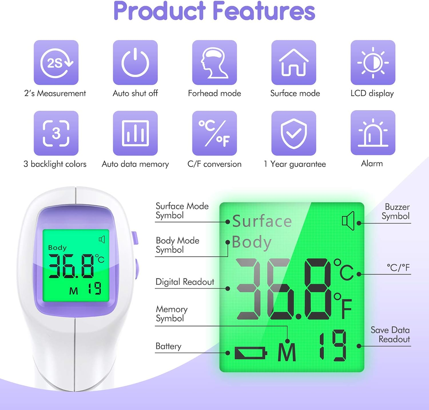 Ein Infrarot-Thermometer mit Funktionen wie automatischer Abschaltung, Stirnmodus und LCD-Anzeige, zeigt eine Temperatur von 36,8 °C.