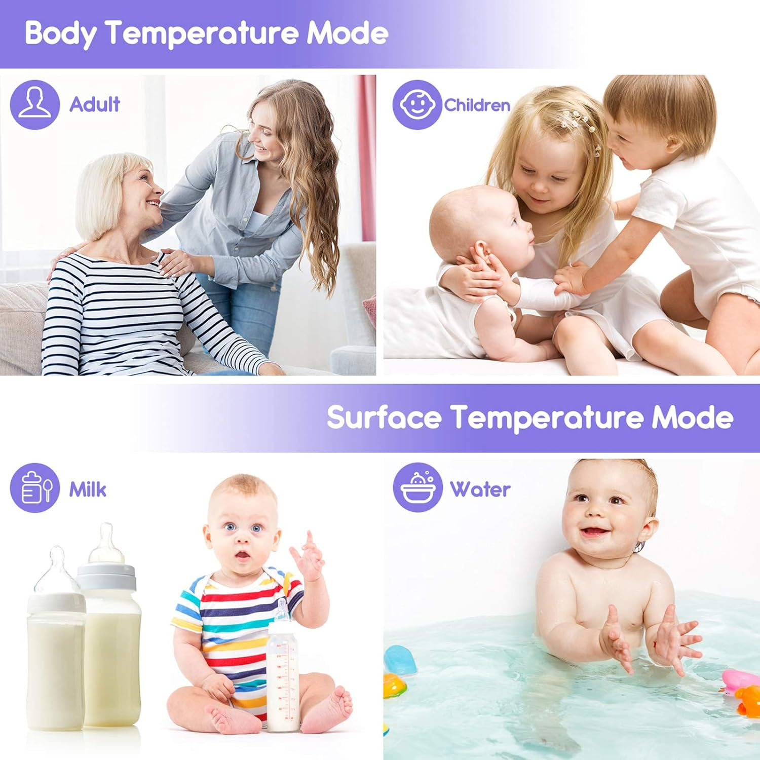 Das Bild zeigt den Körpertemperaturmodus: Erwachsene und Kinder. Oberflächen-Temperatur-Modus: Milchflaschen und Baby im Bad.