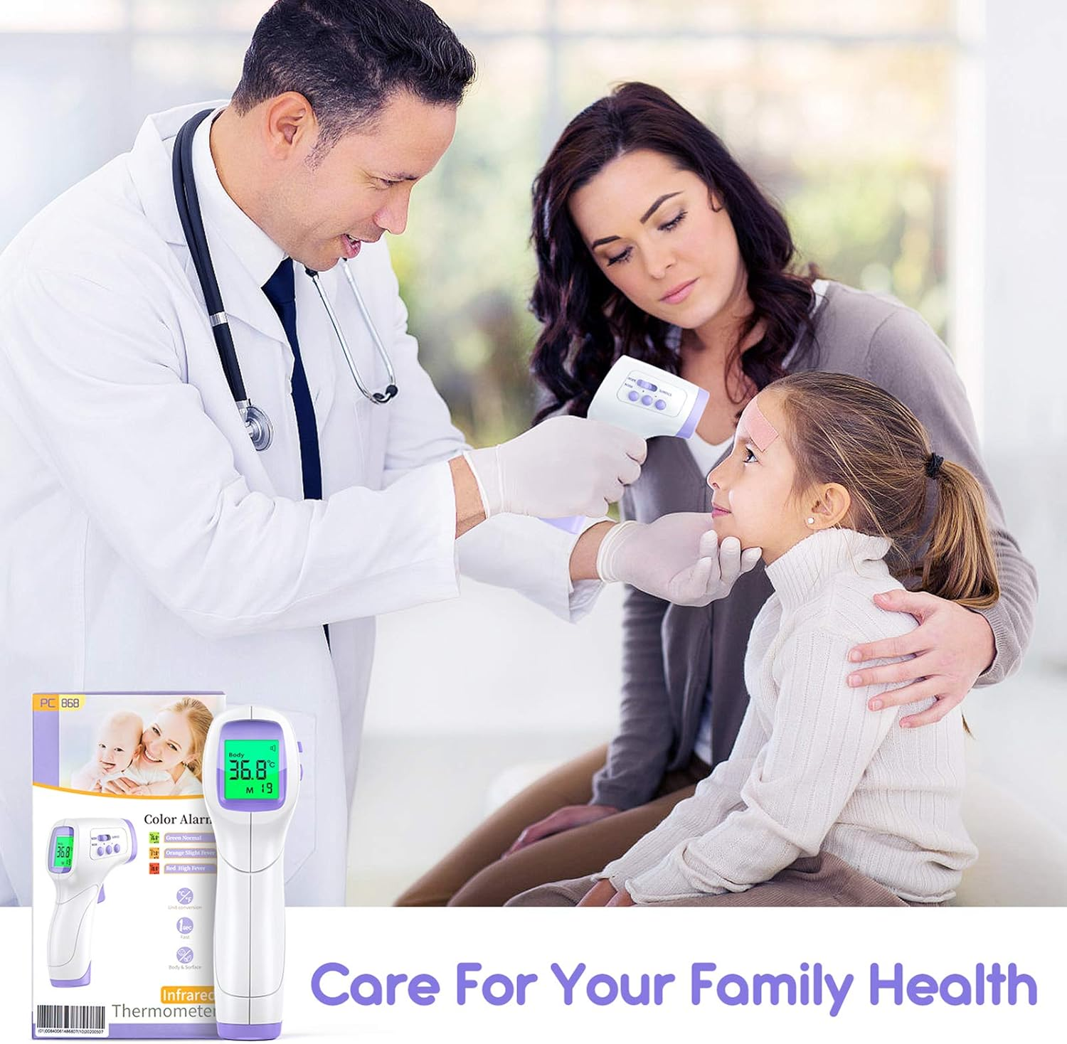 Ein Arzt verwendet ein Thermometer bei einem Kind. Eine Frau schaut zu. Im Vordergrund befindet sich eine Thermometerbox mit dem Text 'Care For Your Family Health'.
