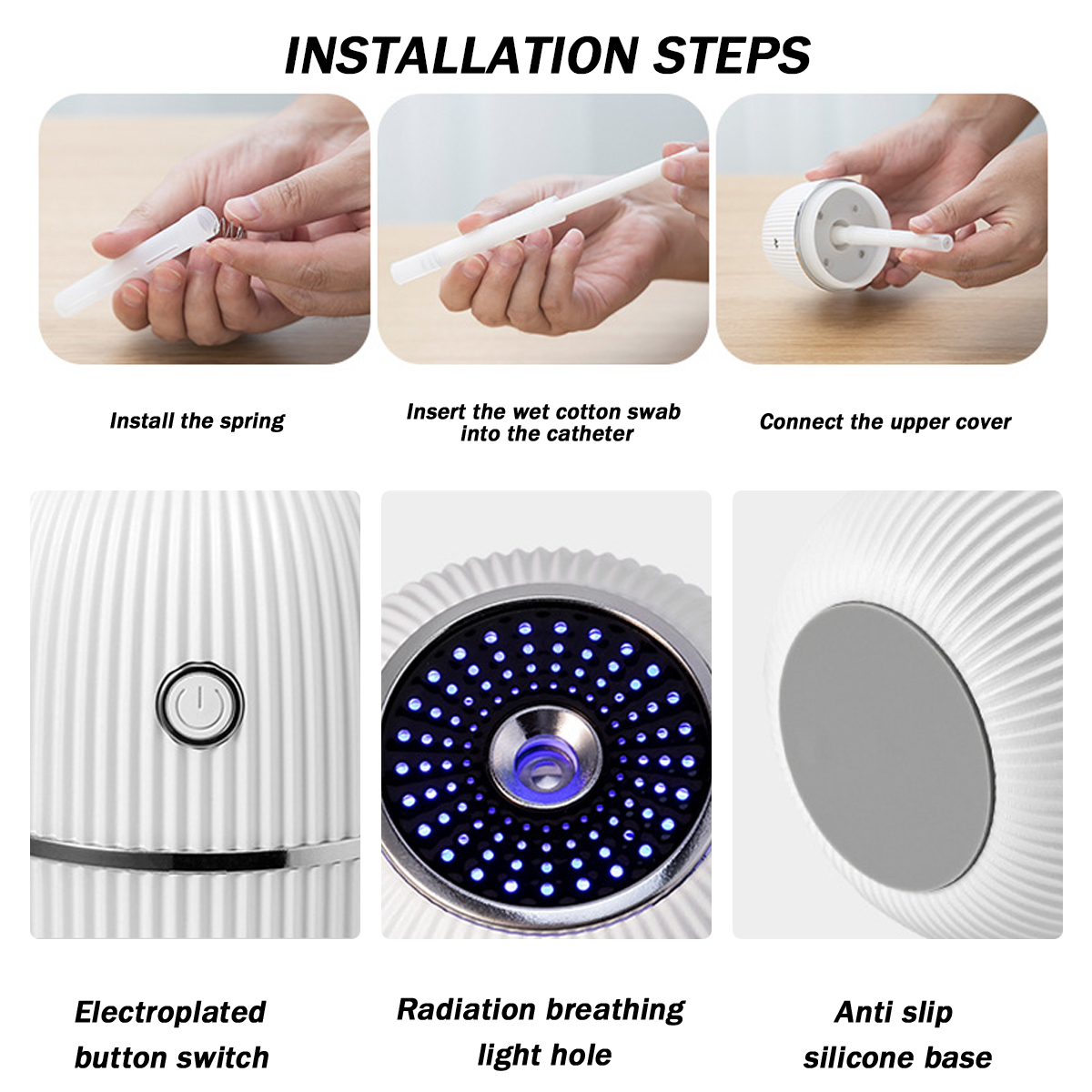 Installationsschritte: Feder, Tupfer, Abdeckung. Knöpfe, Lichtloch, Silikonbasis. Weißes Produkt, Hände montieren, Textanweisungen.