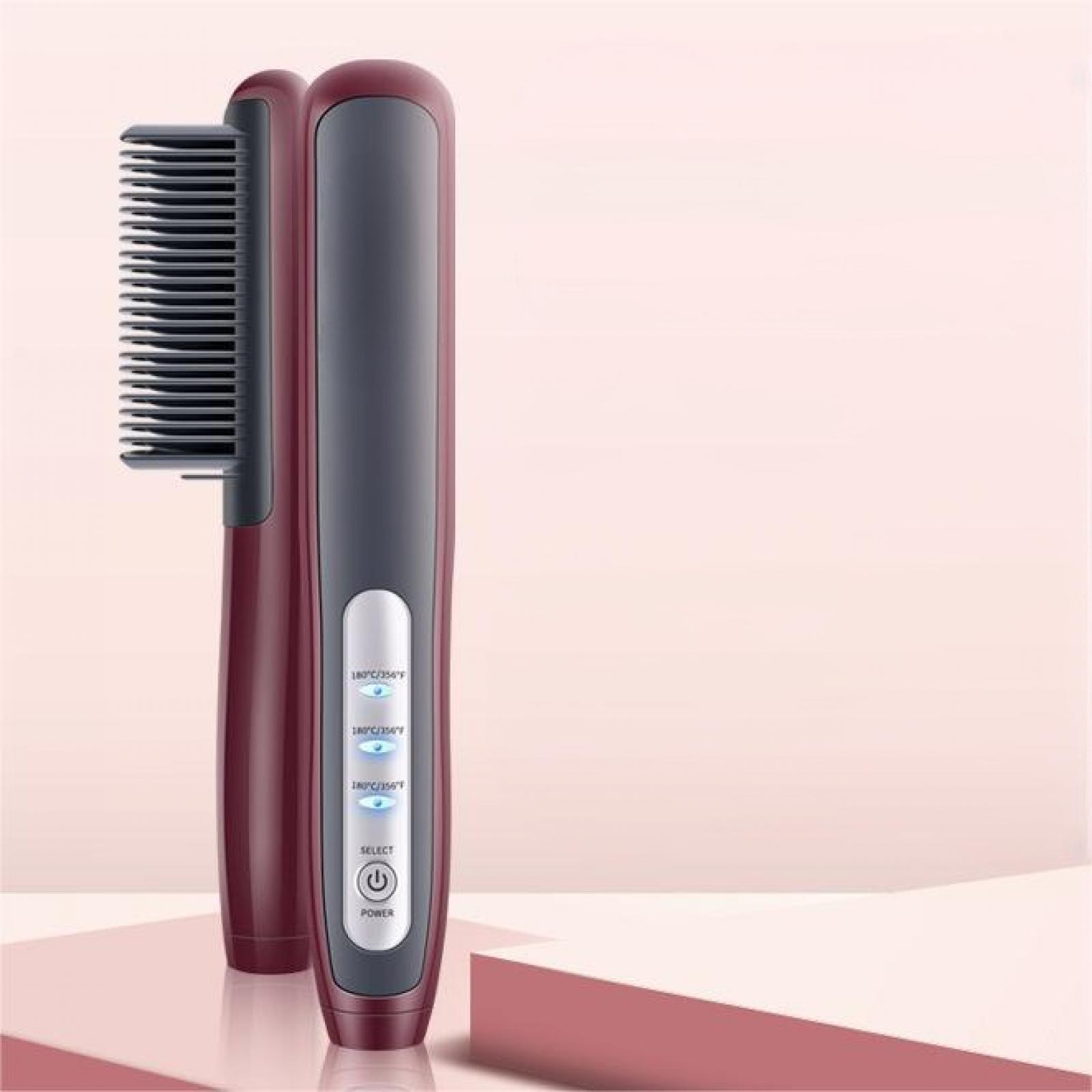 Ein burgunderfarbener Haarglätter mit einem schwarzen Kamm und einem Bedienfeld mit Ein-/Aus- und Auswahltasten auf pinkem Hintergrund.
