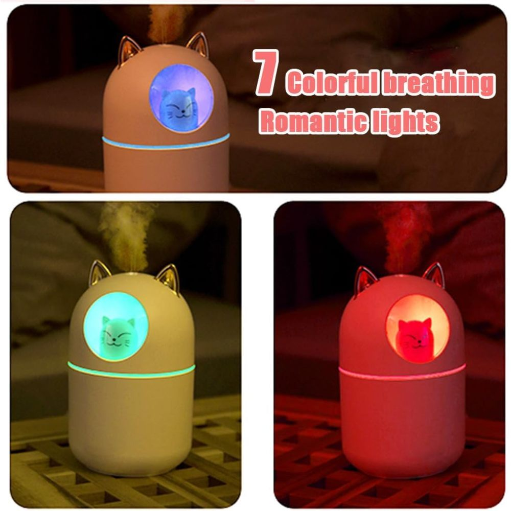 Das Bild zeigt katzenförmige Luftbefeuchter mit farbwechselnden Lichtern. Der Text lautet '7 Bunte atmende romantische Lichter'.