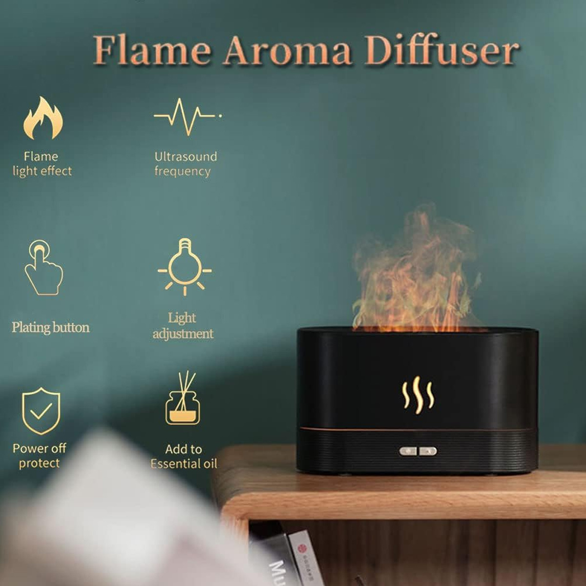 Schwarzer Flammen-Aromadiffusor auf Holzoberfläche, mit Symbolen und Texten zu Funktionen, einschließlich Flammeneffekt.