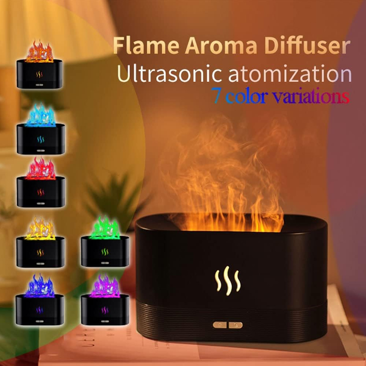 Aromadiffusor mit Flammeneffekt. Er hat 7 Farbvariationen und Ultraschallzerstäubung. Schwarzes Gerät mit flammigem Dampf.