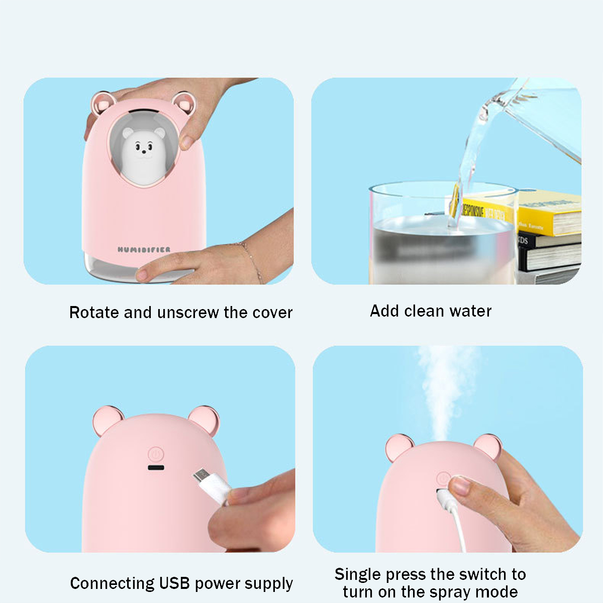 Ein rosa Luftbefeuchter mit Bärenohren wird in vier Schritten gezeigt: Abschrauben, Wasser hinzufügen, USB-Anschluss und Sprühmodus aktivieren.