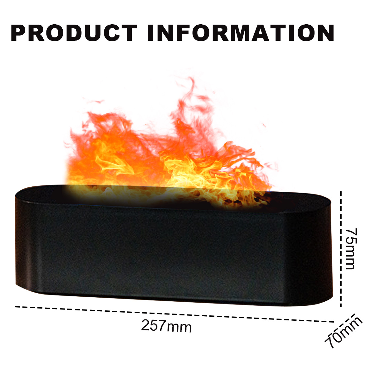 Ein schwarzes rechteckiges Objekt mit Flammen oben, beschriftet mit 'Produktinformationen'. Abmessungen sind 257mm x 75mm x 70mm.
